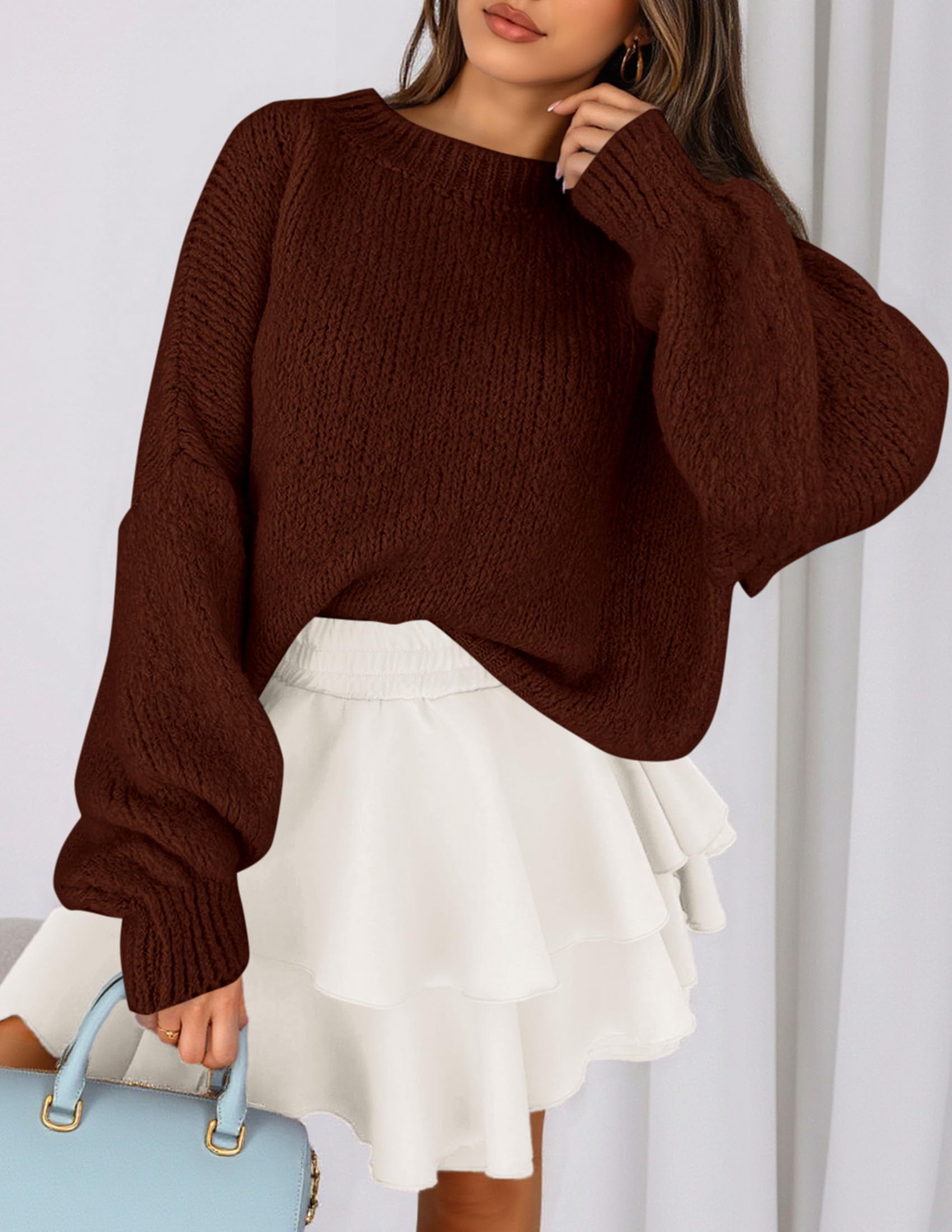 Women's Chunky Knit Oversized Pullover Sweaters,Brown,S