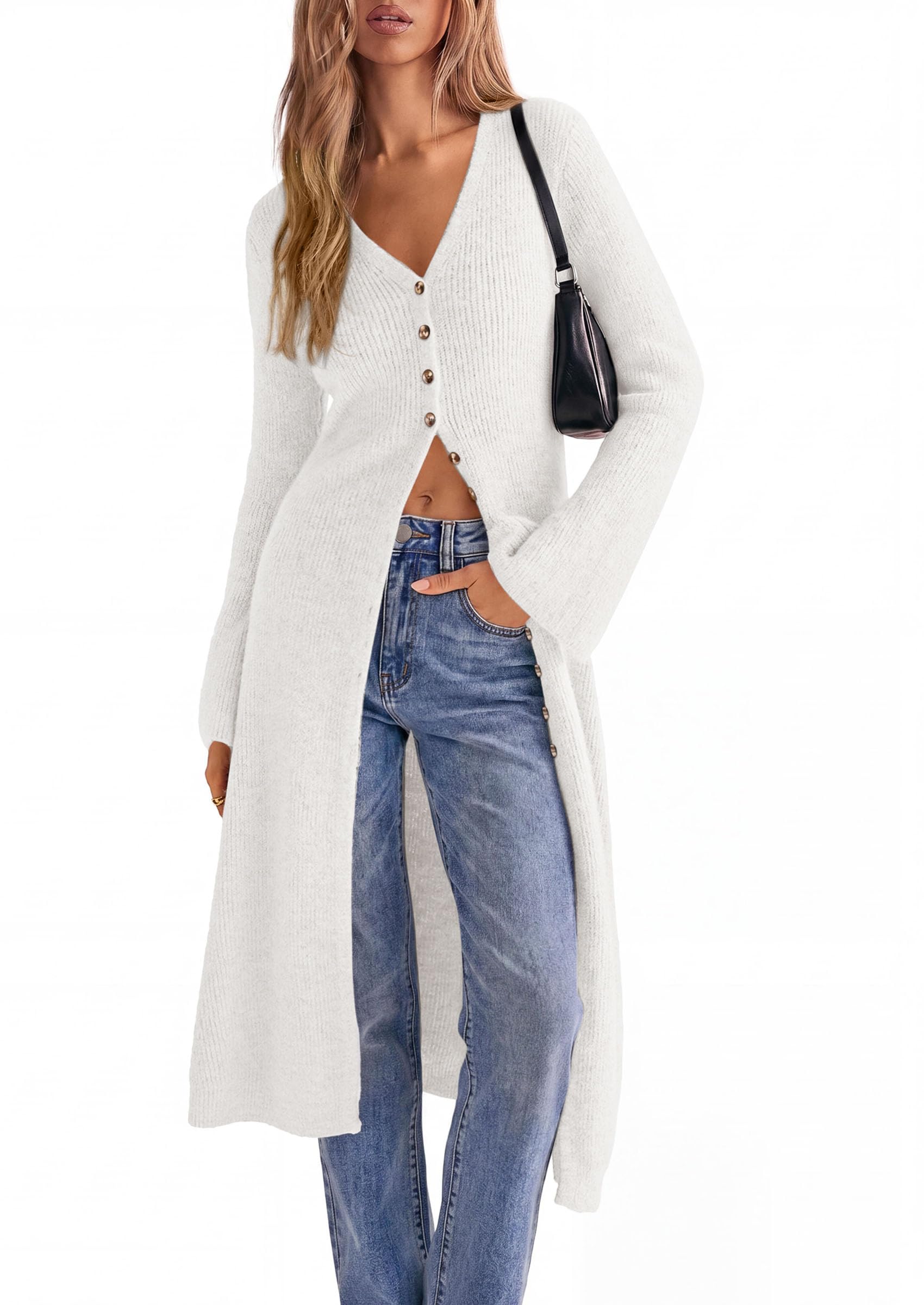 Women Long Cardigan Bell Sleeve Sweater Dress (White,S)