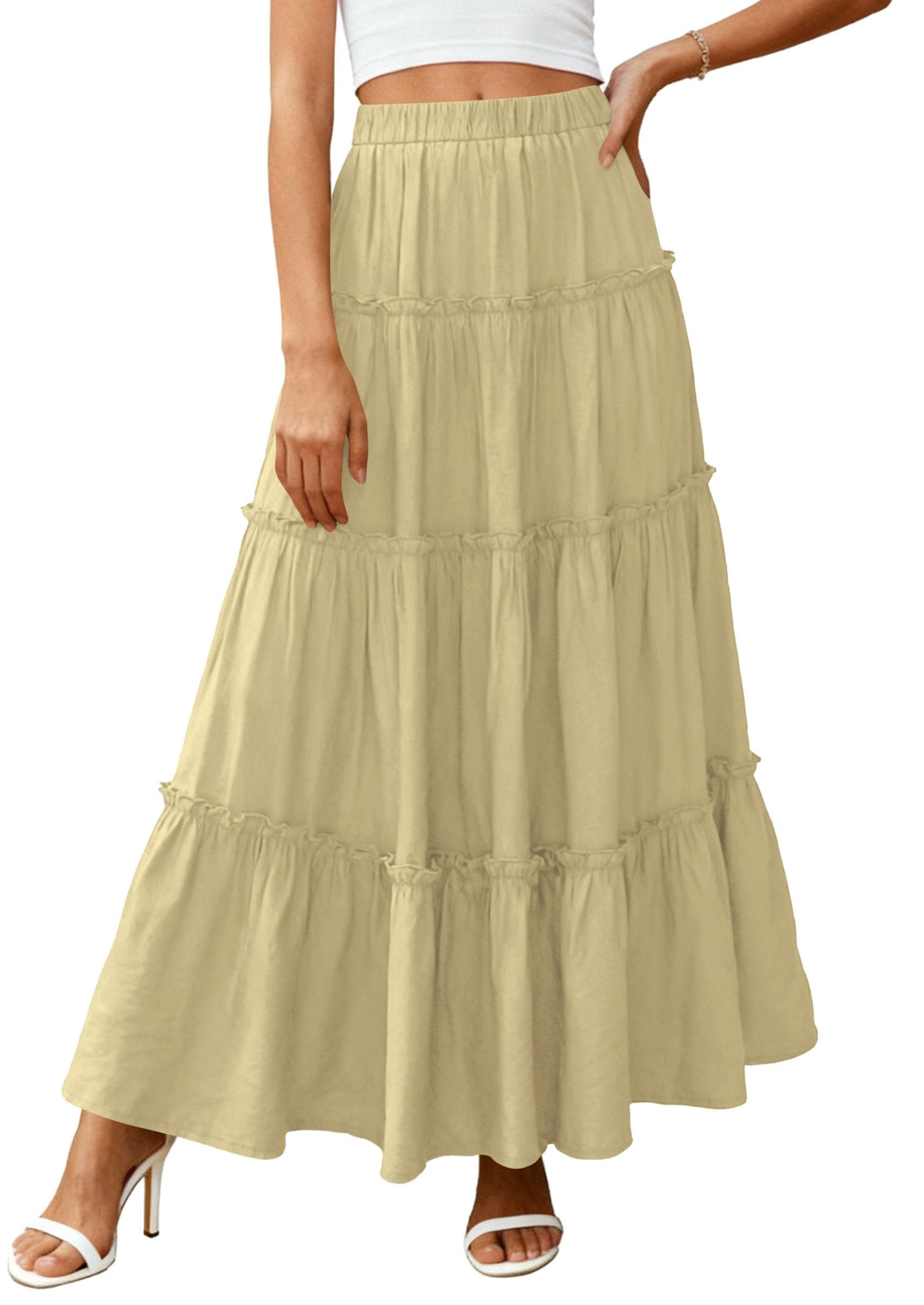 Women's Boho Tiered Ruffle Flowy Maxi Skirt, Yellow,S
