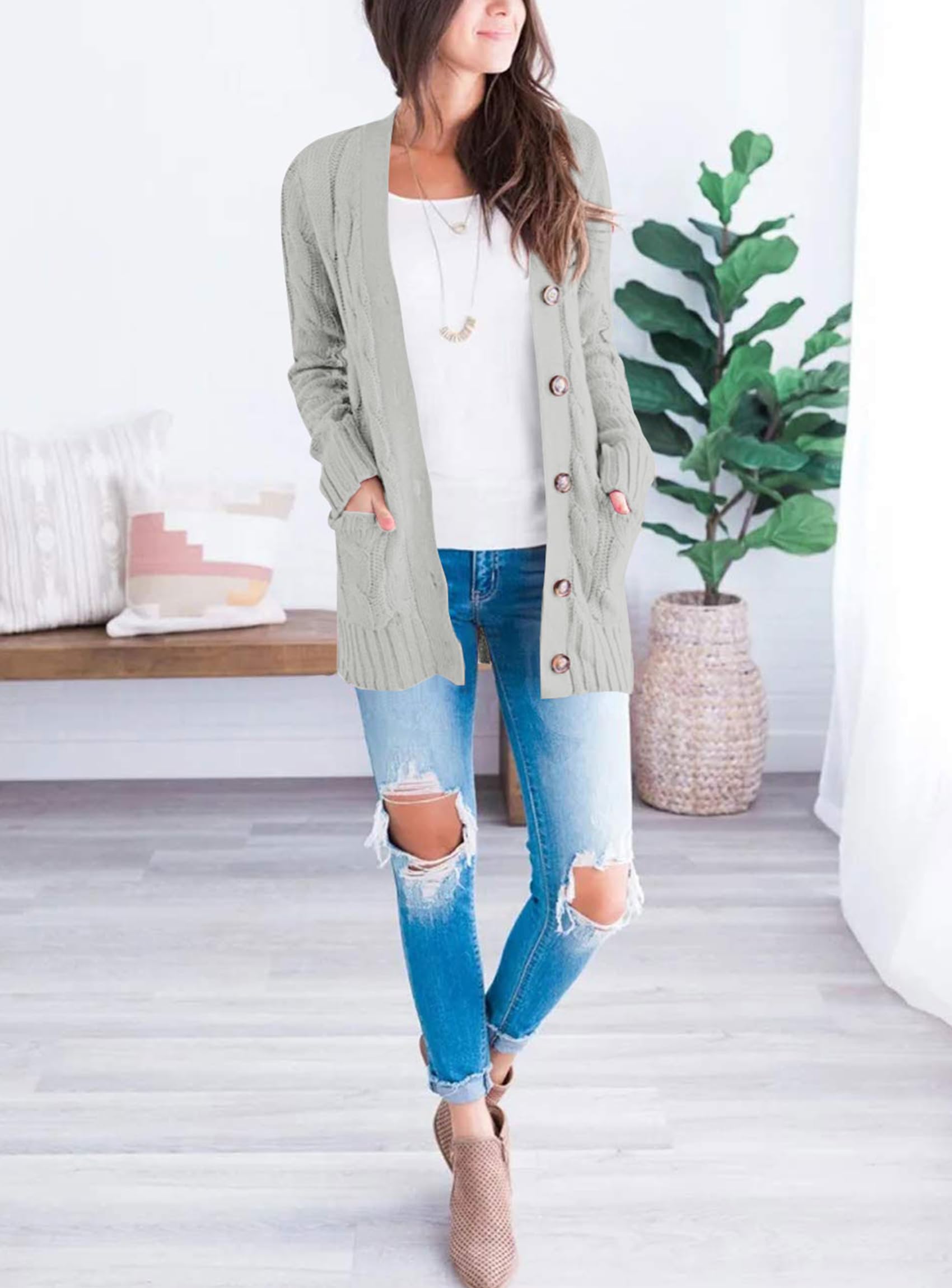 Women Chunky Cable Knit Cardigan Sweaters Fall Fashion Clothes