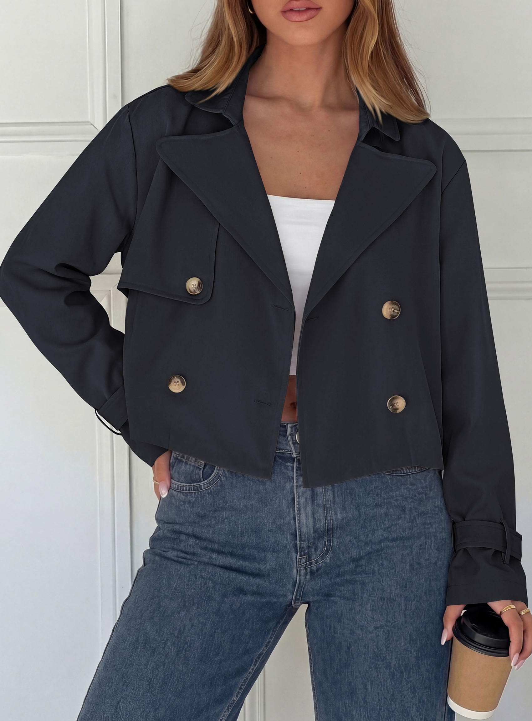 Cropped Trench Coat For Women Short Jacket,Navy Blue,S