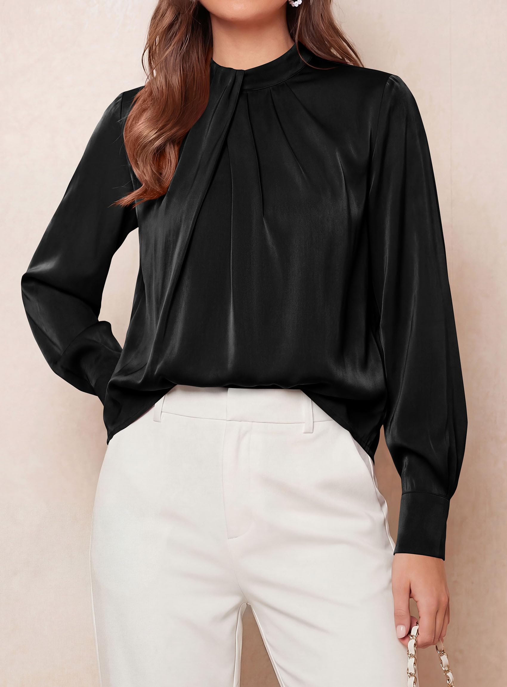 Satin Blouses for Women Dressy Casual Long Sleeve Shirts Black