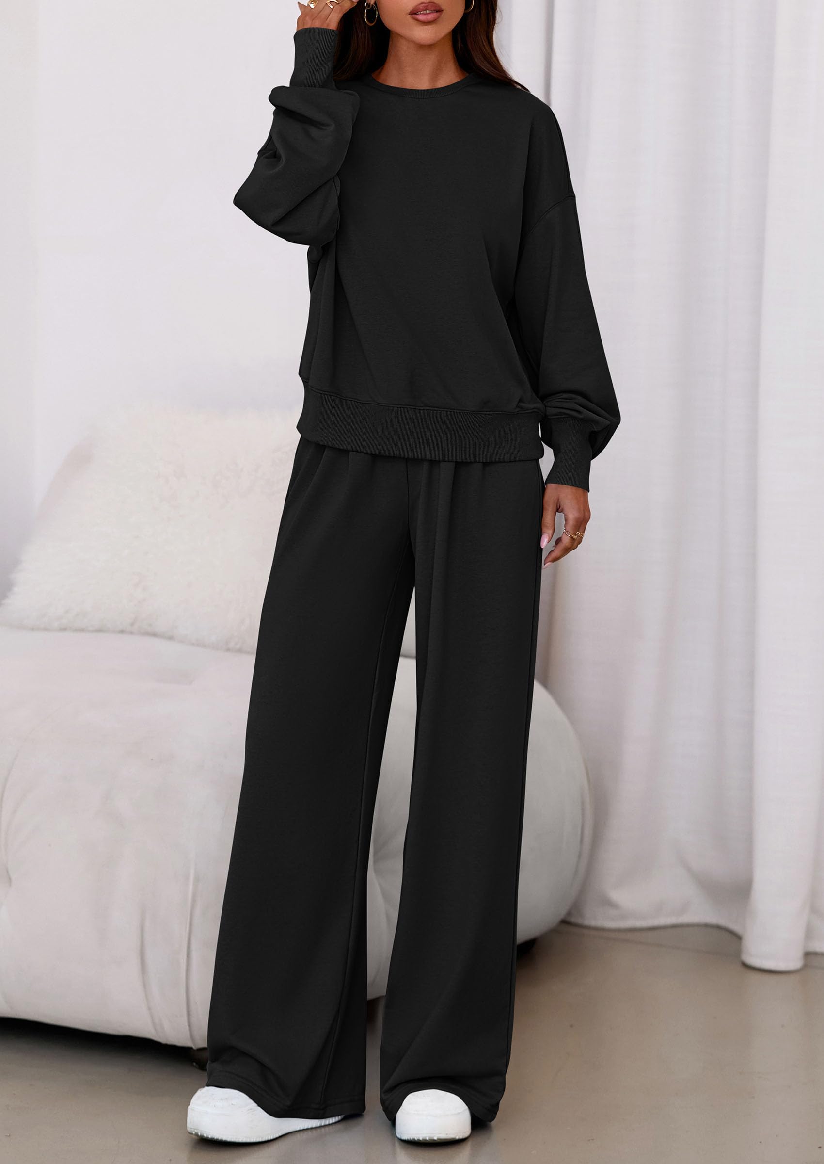 Womens Loose Fit Casual 2 Piece Lounge Set,Black,S