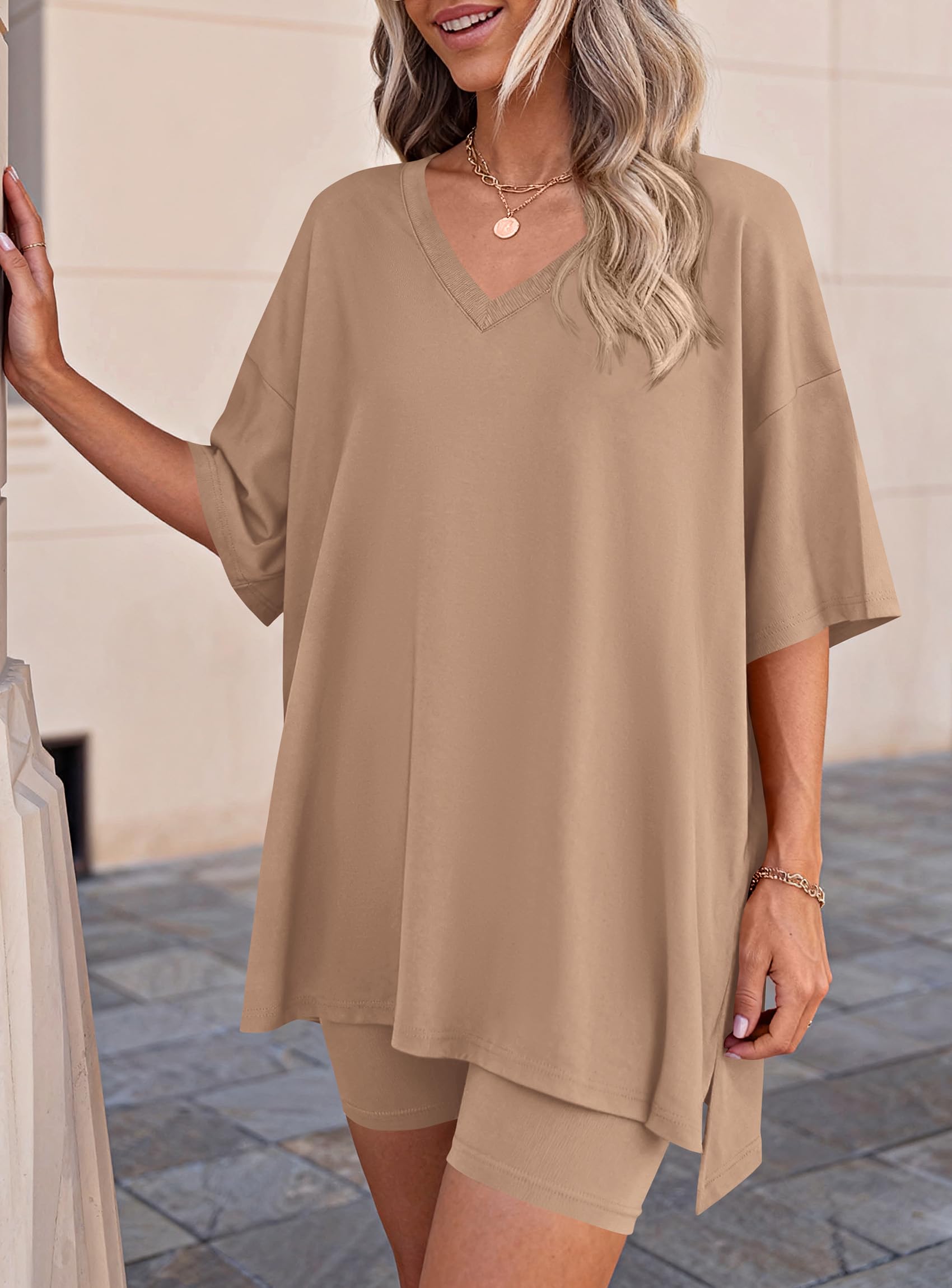 Womens 2 Piece Outfit Lounge Short Sets,Khaki,S