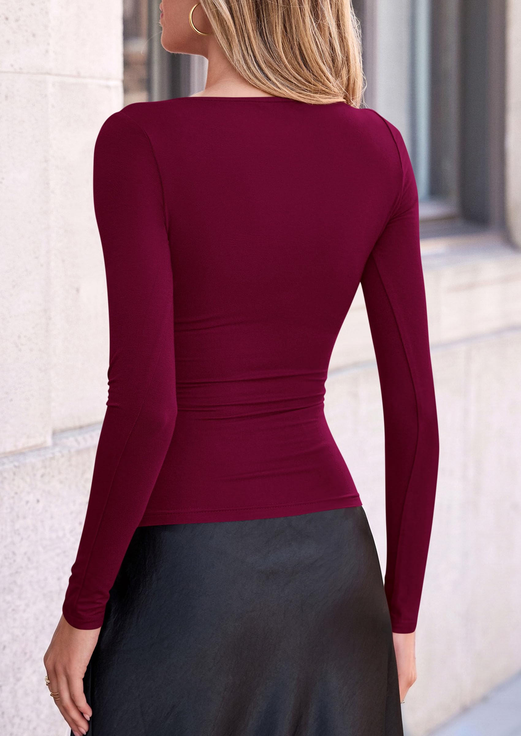 Long Sleeve Tops for Women Fitted Going Out Top,Wine Red,XS