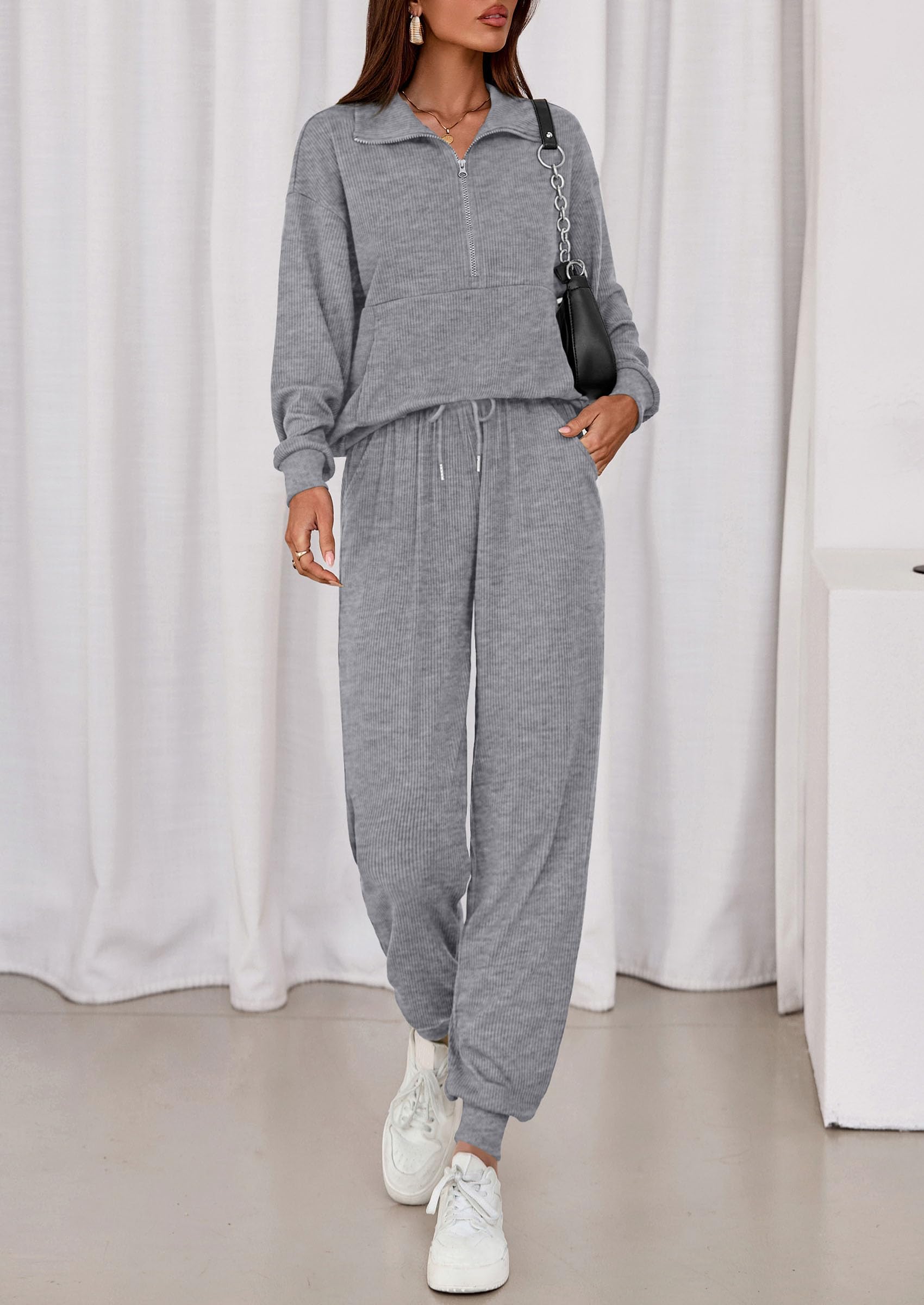 Airport Travel Outfit Women Ribbed Knit Matching Lounge Sets