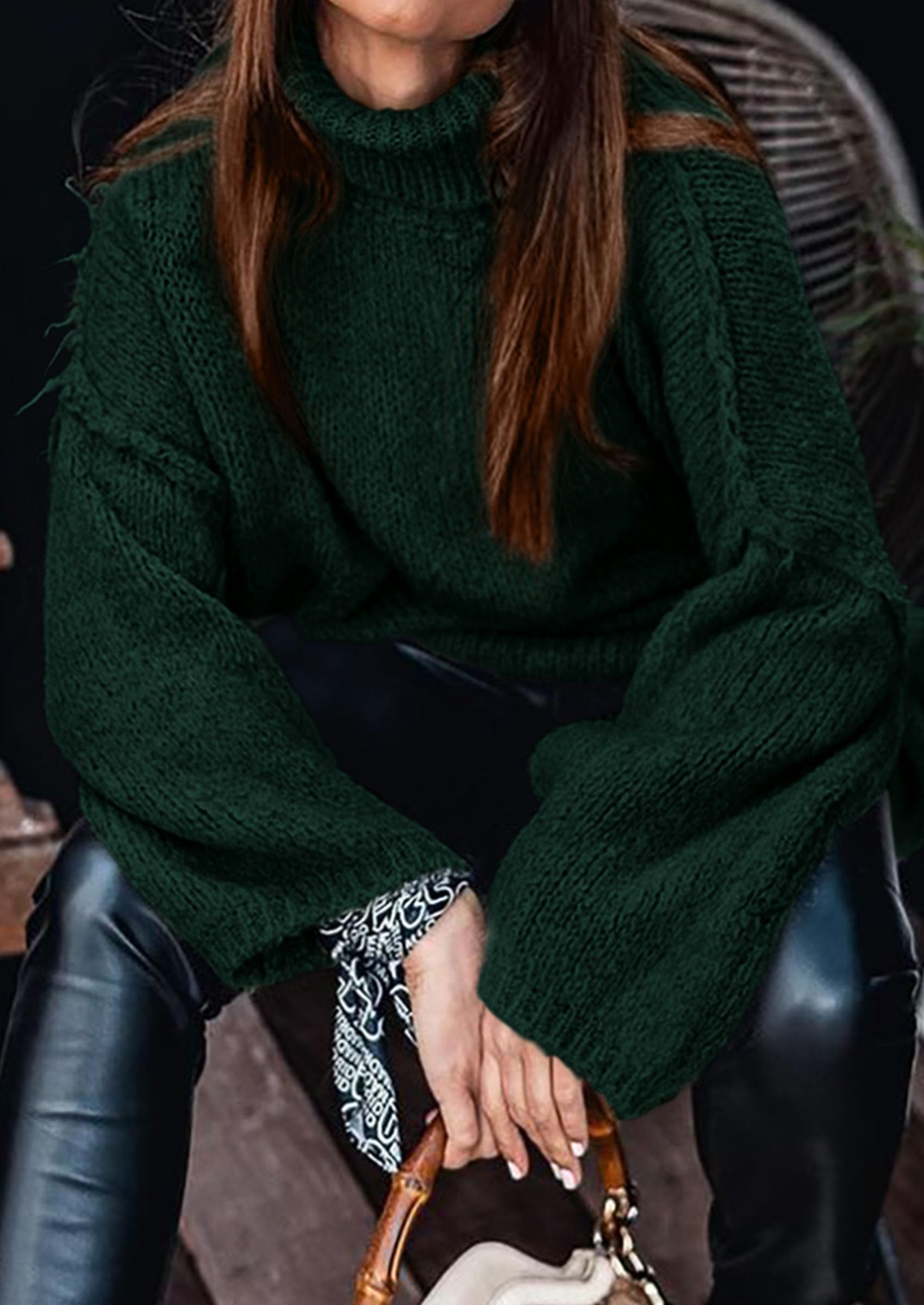 Womens Turtleneck Long Sleeve Oversized Sweaters,Dark Green,S