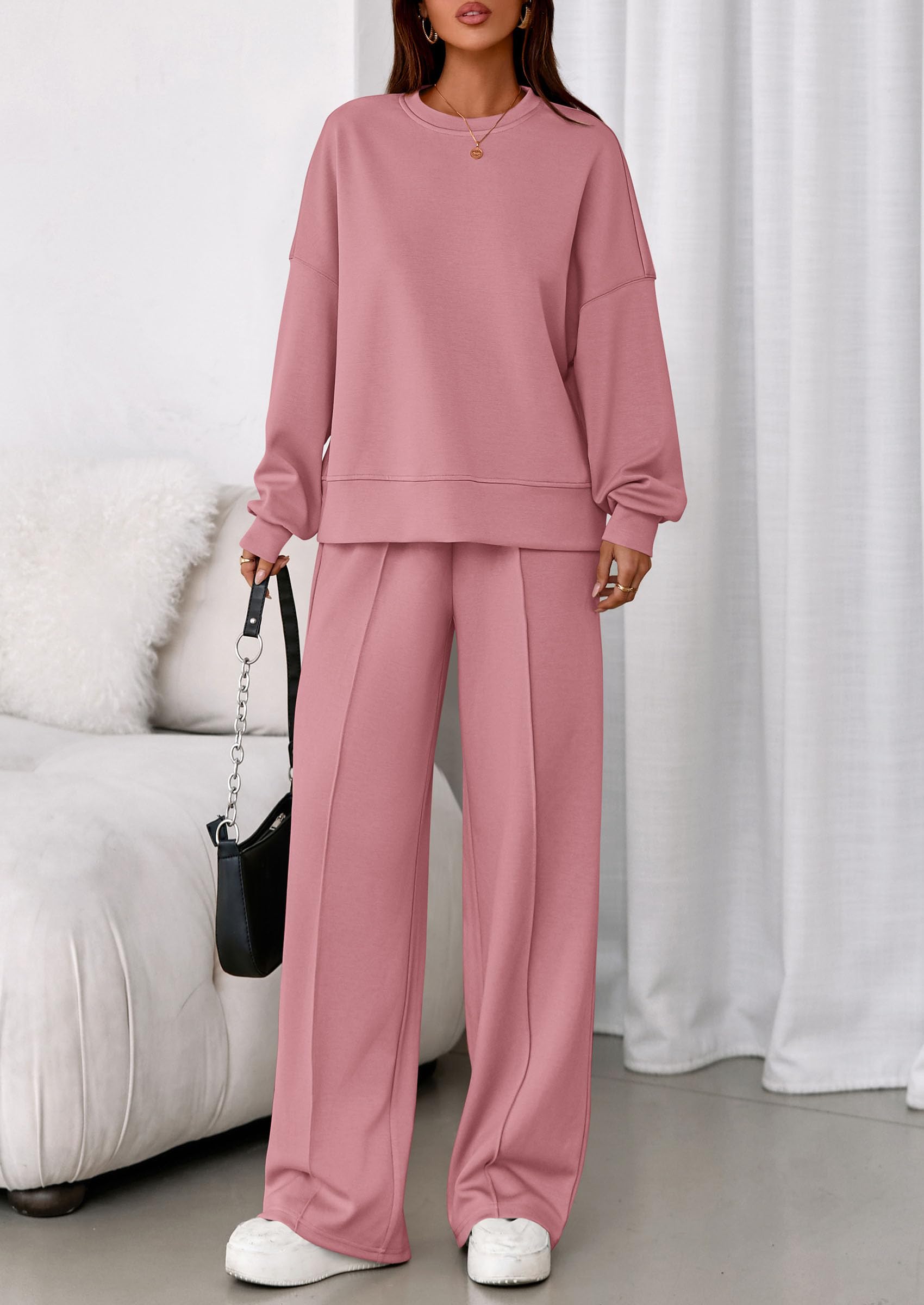 Womens Long Sleeve Sweatshirt 2 Piece Sets,Pink,S