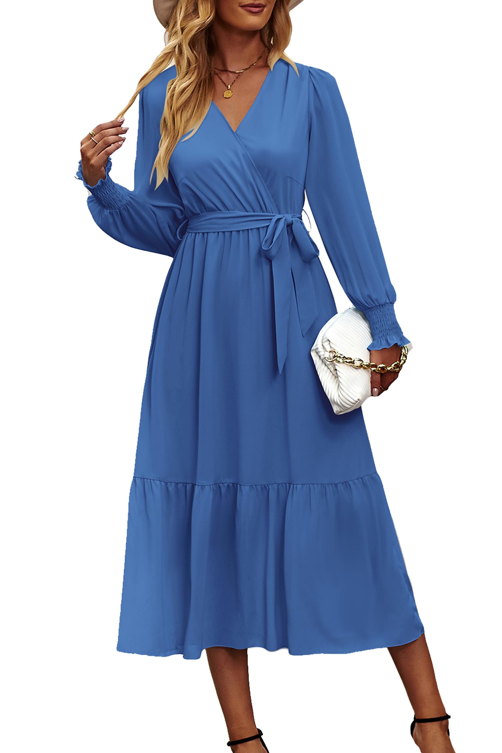 Women's Boho Long Sleeve Maxi Dress, Solid Dark Bule,S