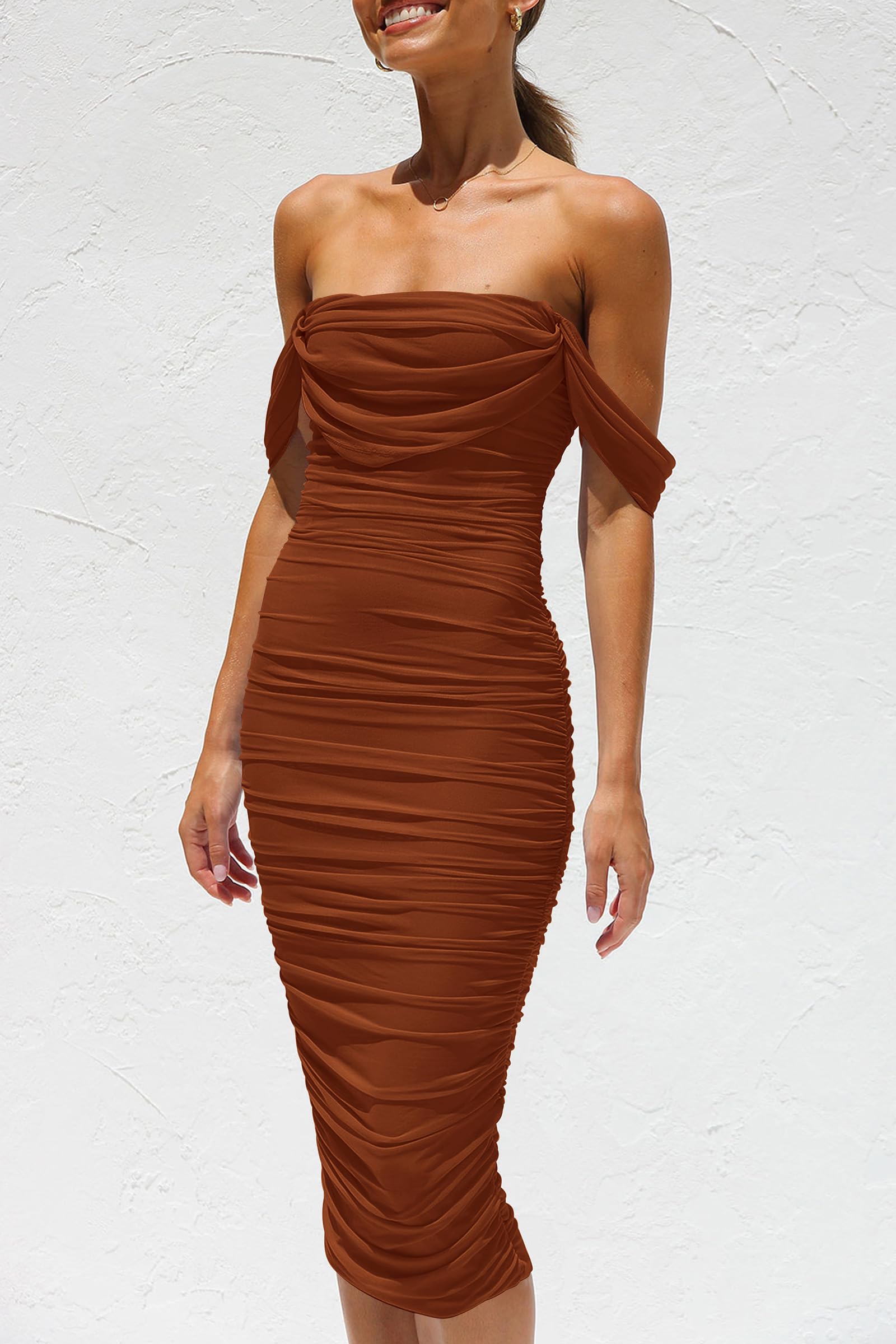 Women's Off Shoulder Bodycon Tube Midi Dress, Caramel,S