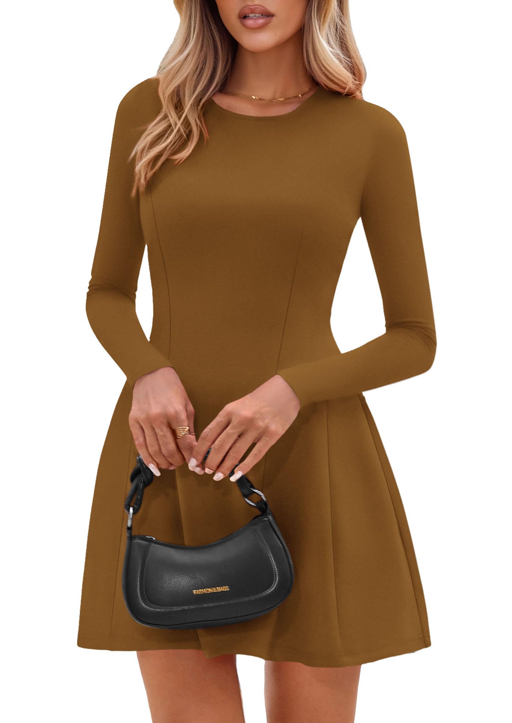 Womens Long Sleeve Pleated Mini Dress,Coffee,XS