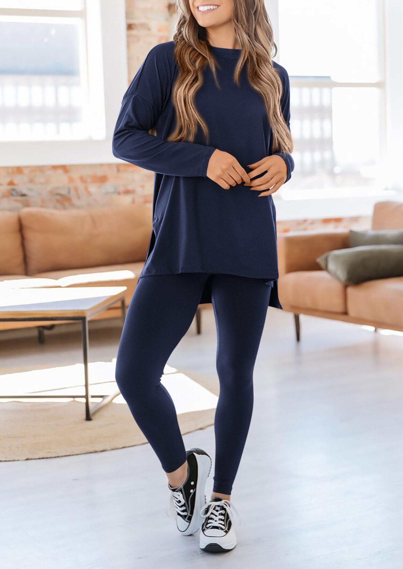 Women's 2 Piece Outfits Matching Lounge Sets,Navy,L