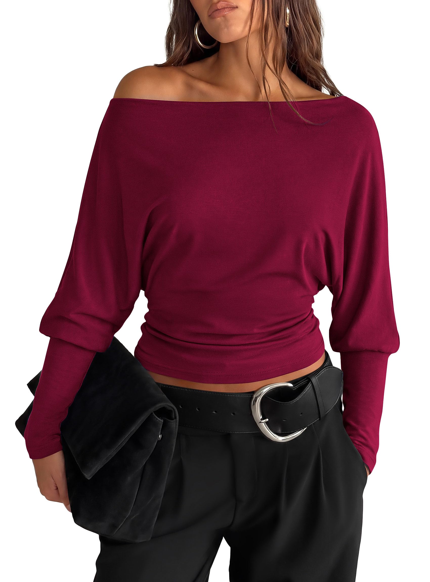 Womens Off The Shoulder Batwing Long Sleeve Top,Wine Red,S