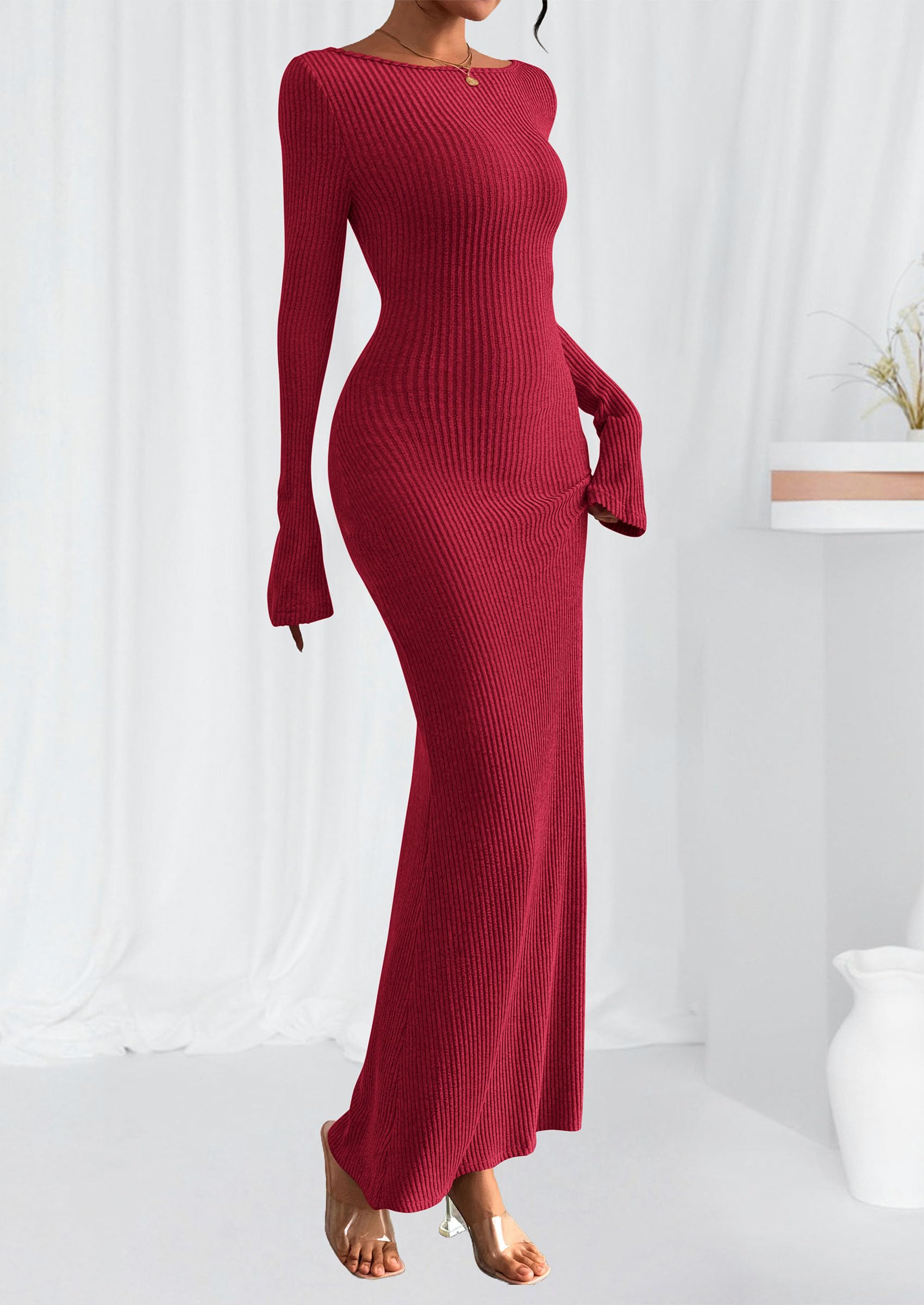 Women's Fall Long Sleeve Bodycon Maxi Dresses (Red,XS)