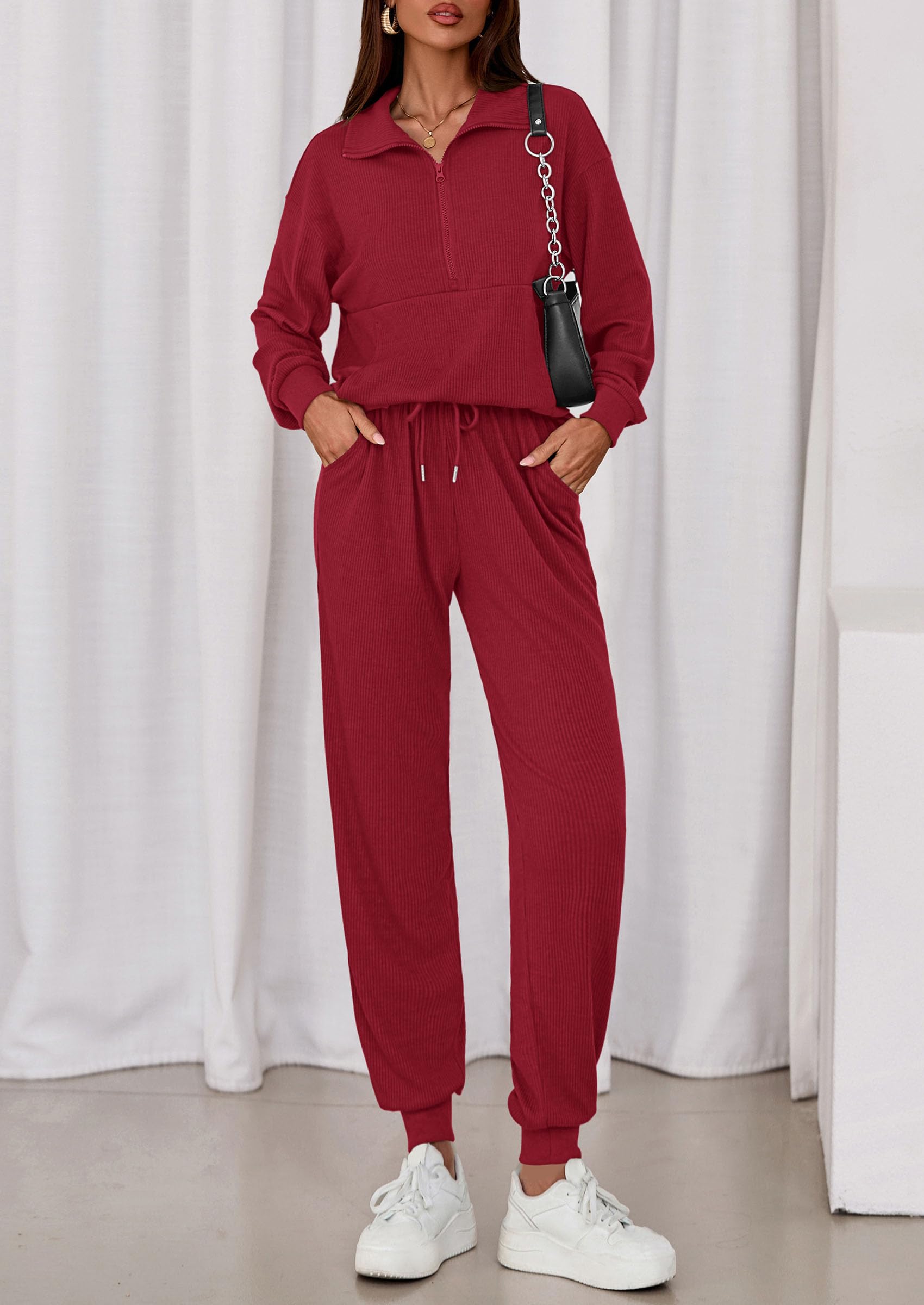 Airport Travel Outfit Women Ribbed Knit Matching Lounge Sets