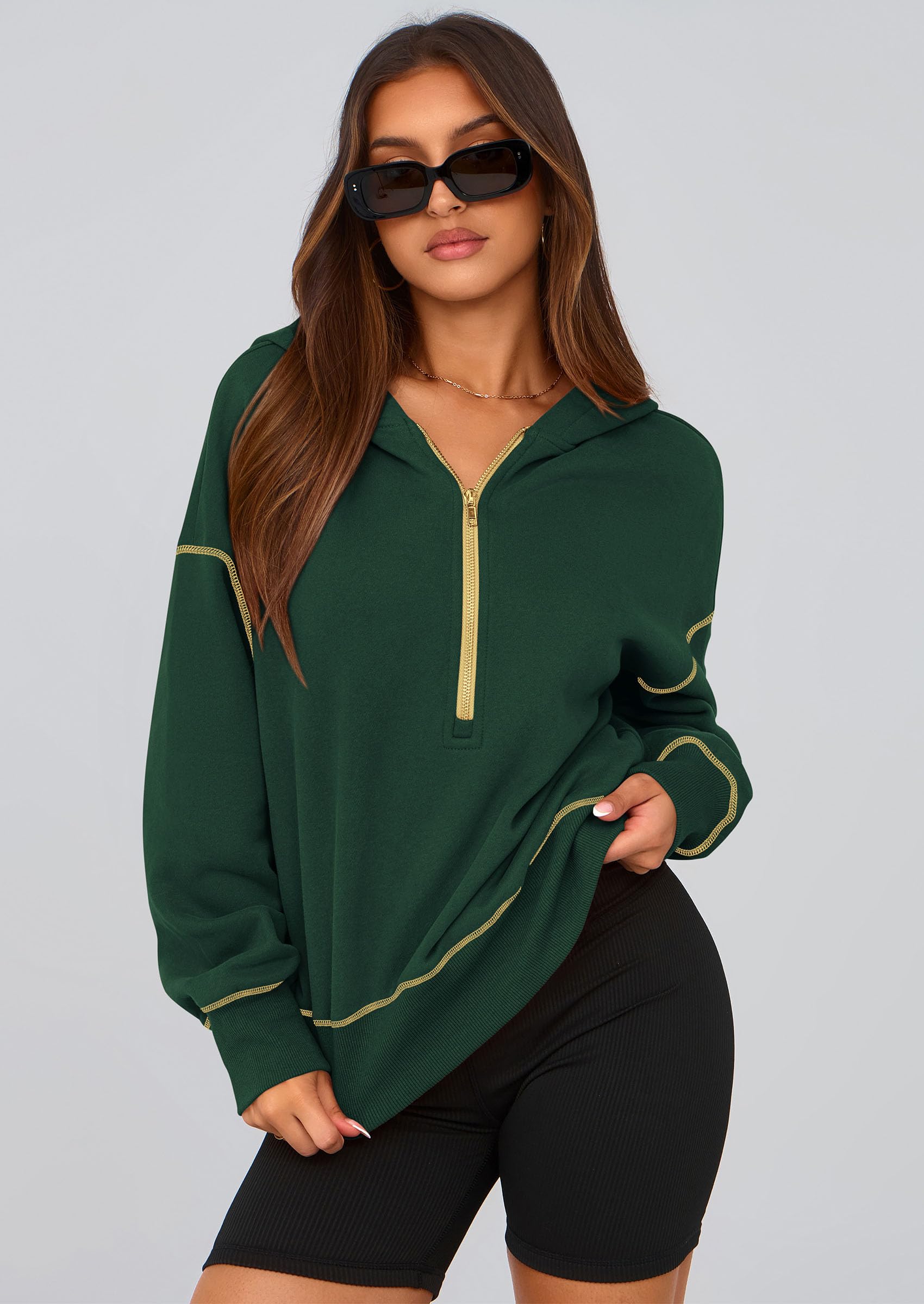 Women's Fall Half Zip Cropped Hoodie Sweatshirt Dark Green