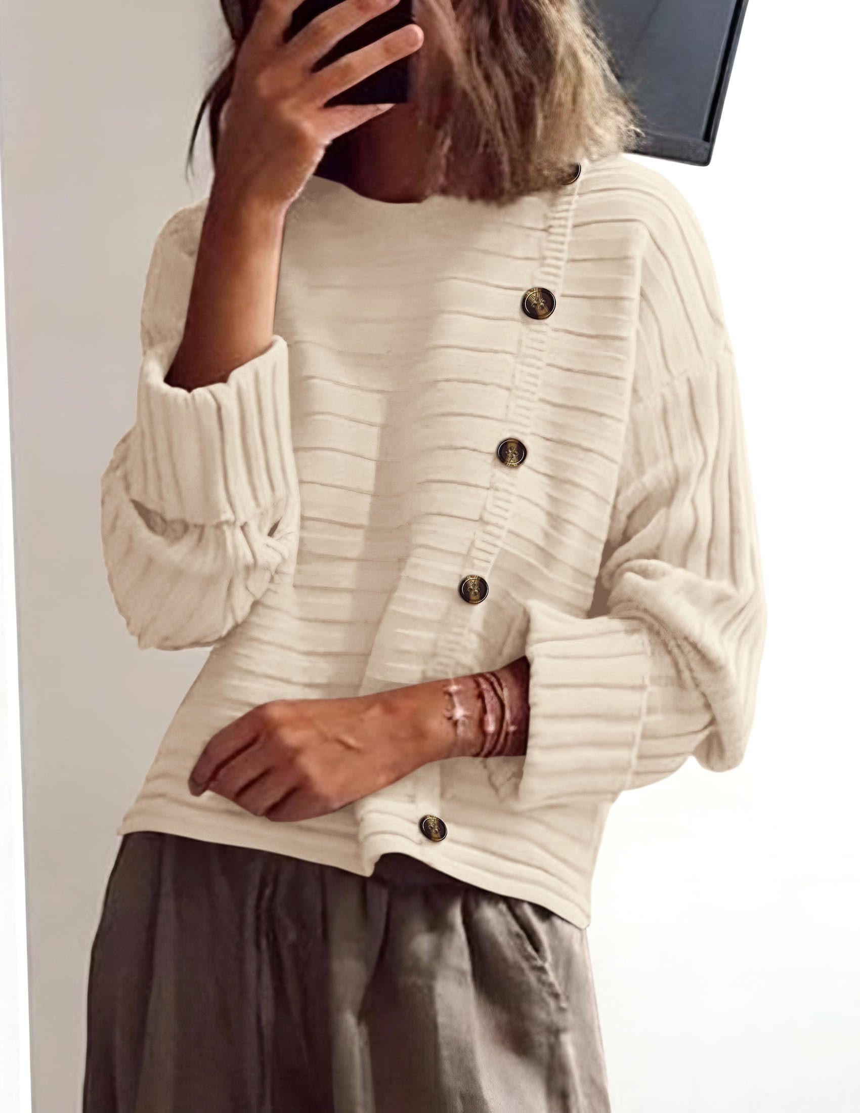 Womens Asymmetric Button Long Sleeve Sweater,Beige,S