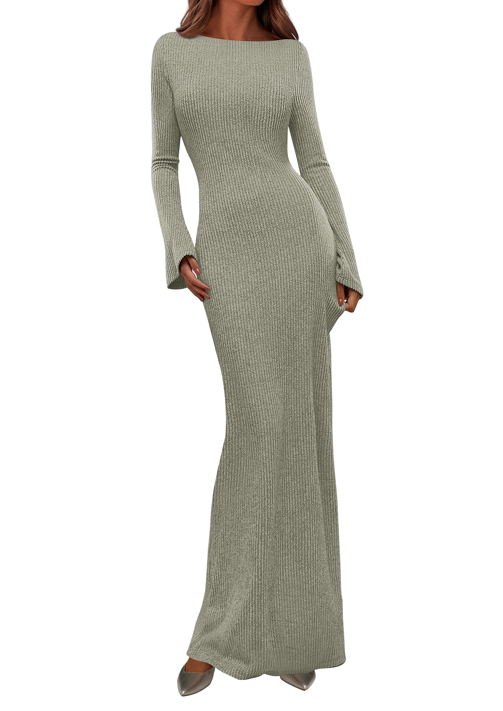 Women's Fall Long Sleeve Bodycon Maxi Dresses(Light Green,XS)