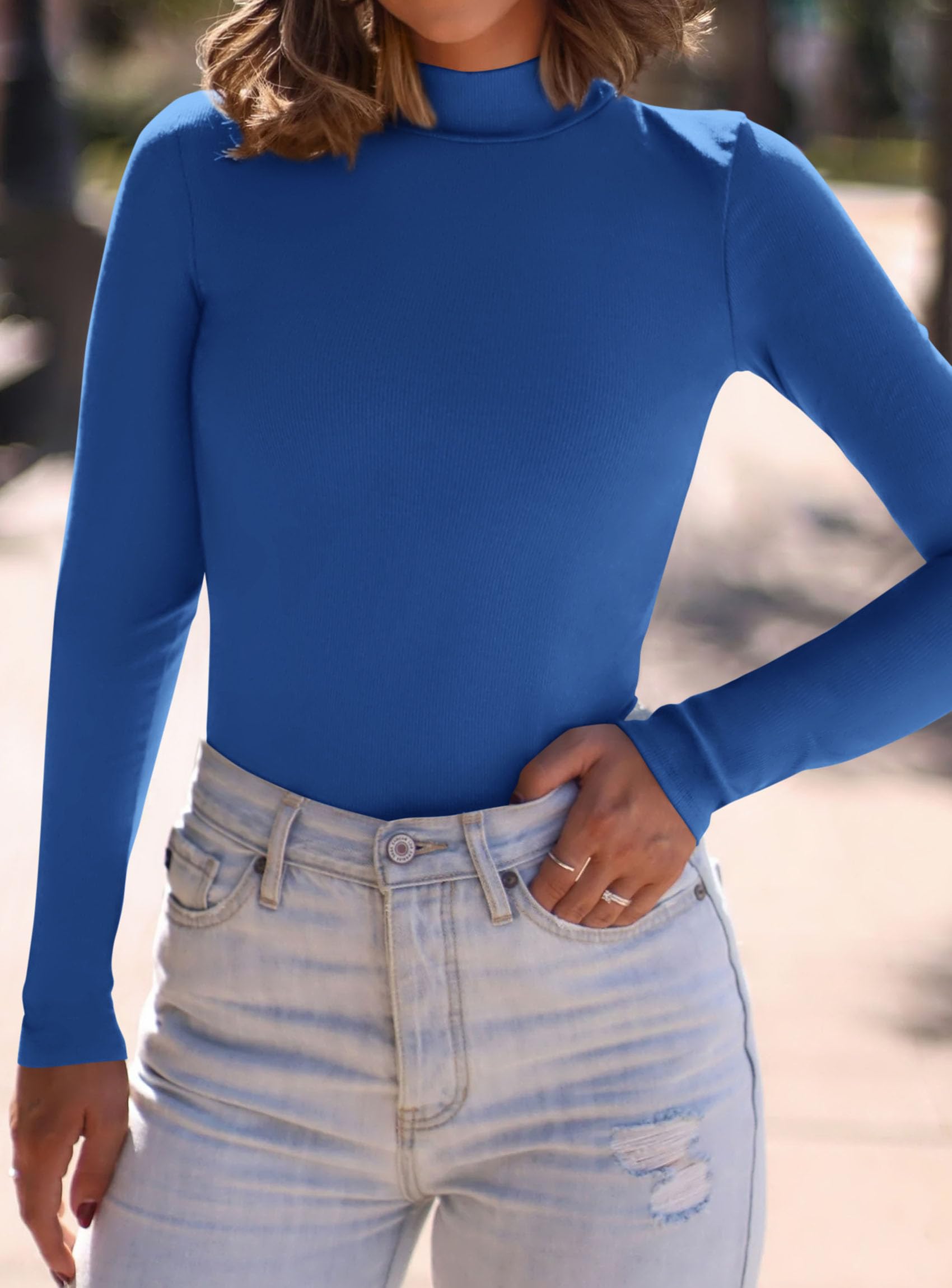 Womens Mock Turtleneck Fall Long Sleeve Shirts,Blue,XS
