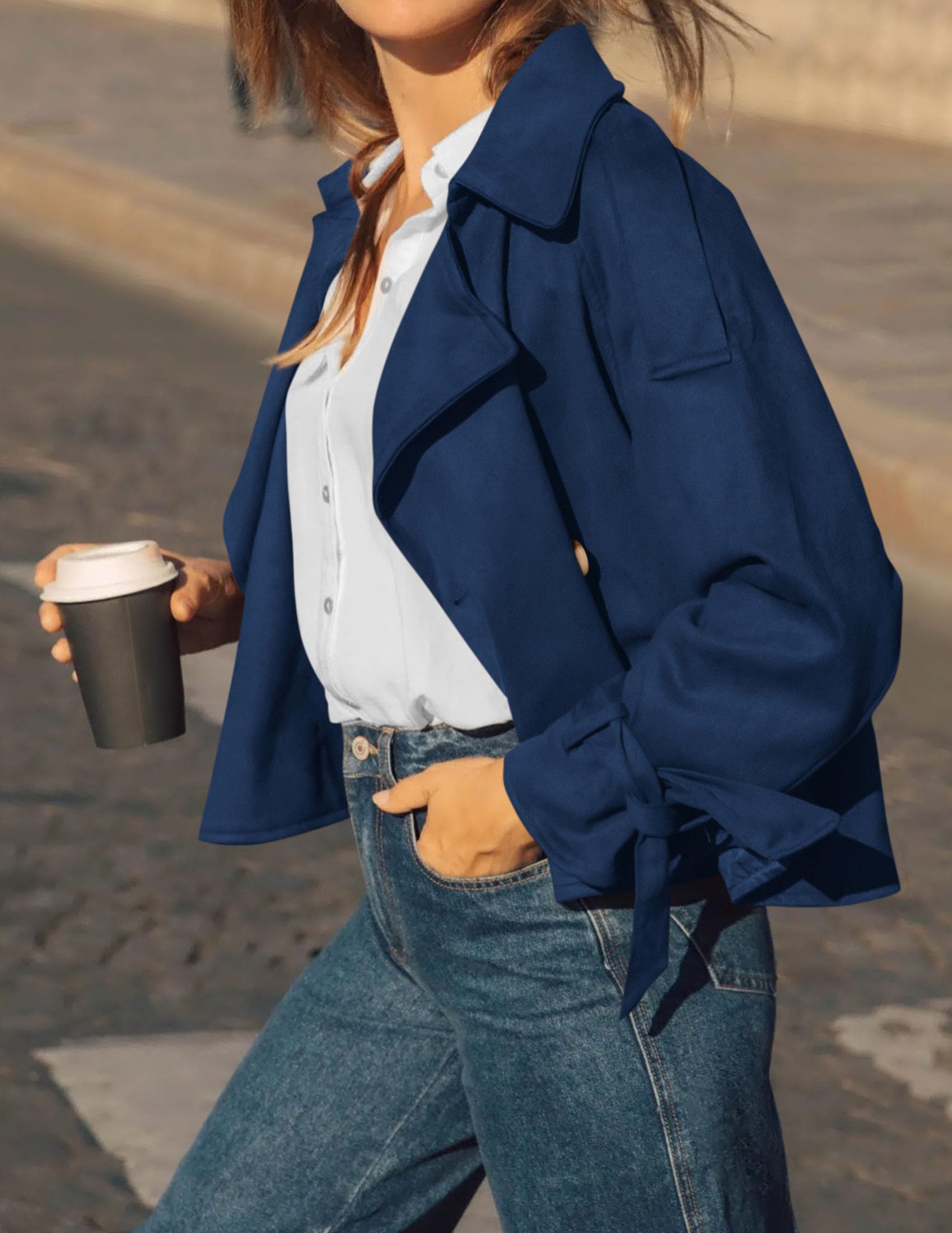 Women Faux Suede Double Breasted Trench Coat Cropped Jackets