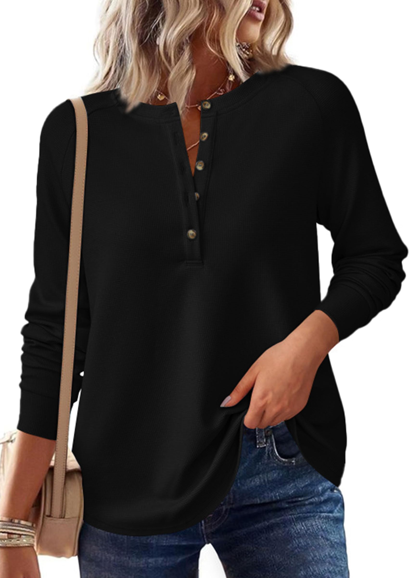 Women's Long Sleeve Waffle Knit Henley Shirts Loose Tunic Tops
