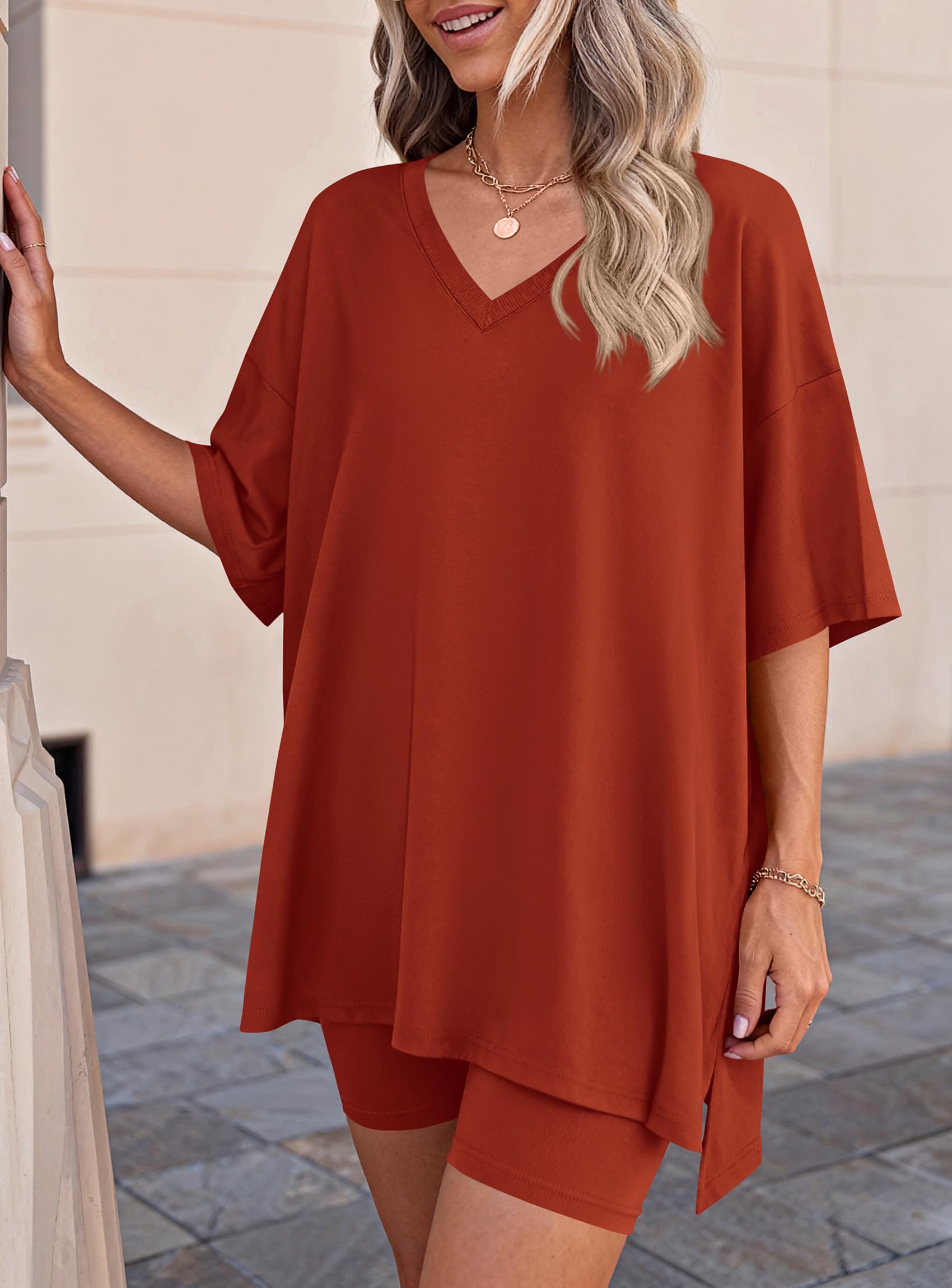 Womens 2 Piece Outfit Lounge Short Sets,Brick Red,S