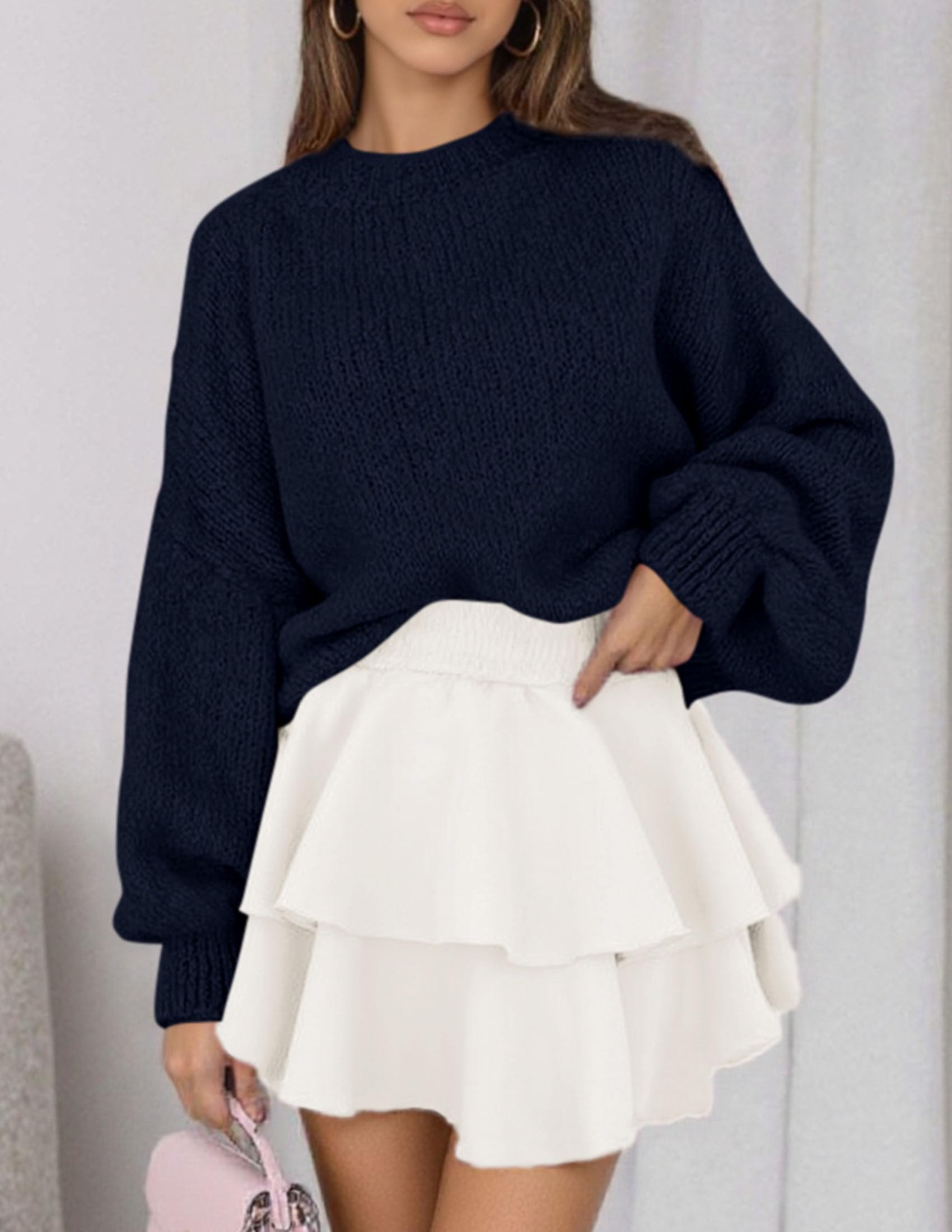 Women's Chunky Knit Oversized Pullover Sweaters,Navy Blue,S