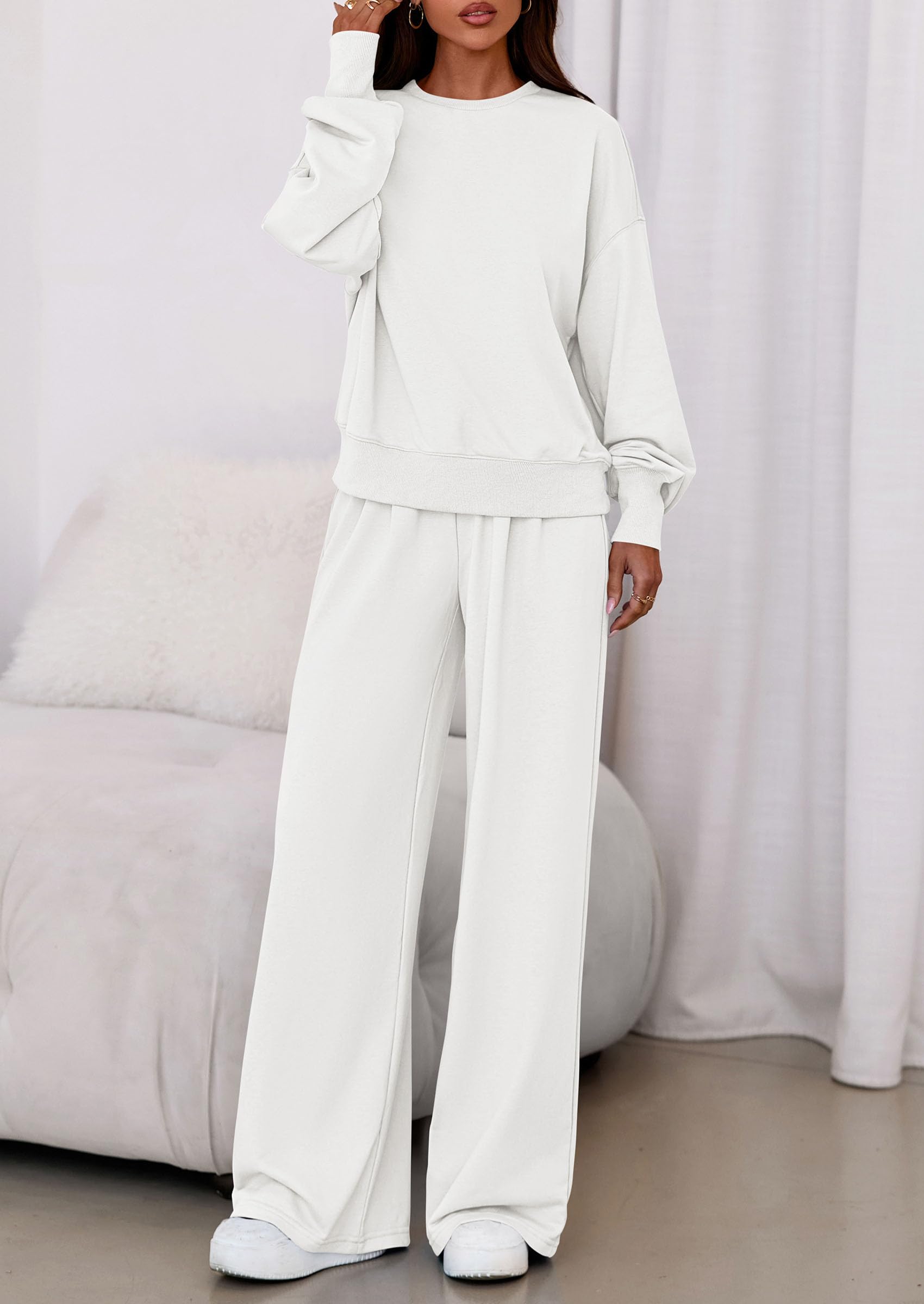 Womens Loose Fit Casual 2 Piece Lounge Set,White,M