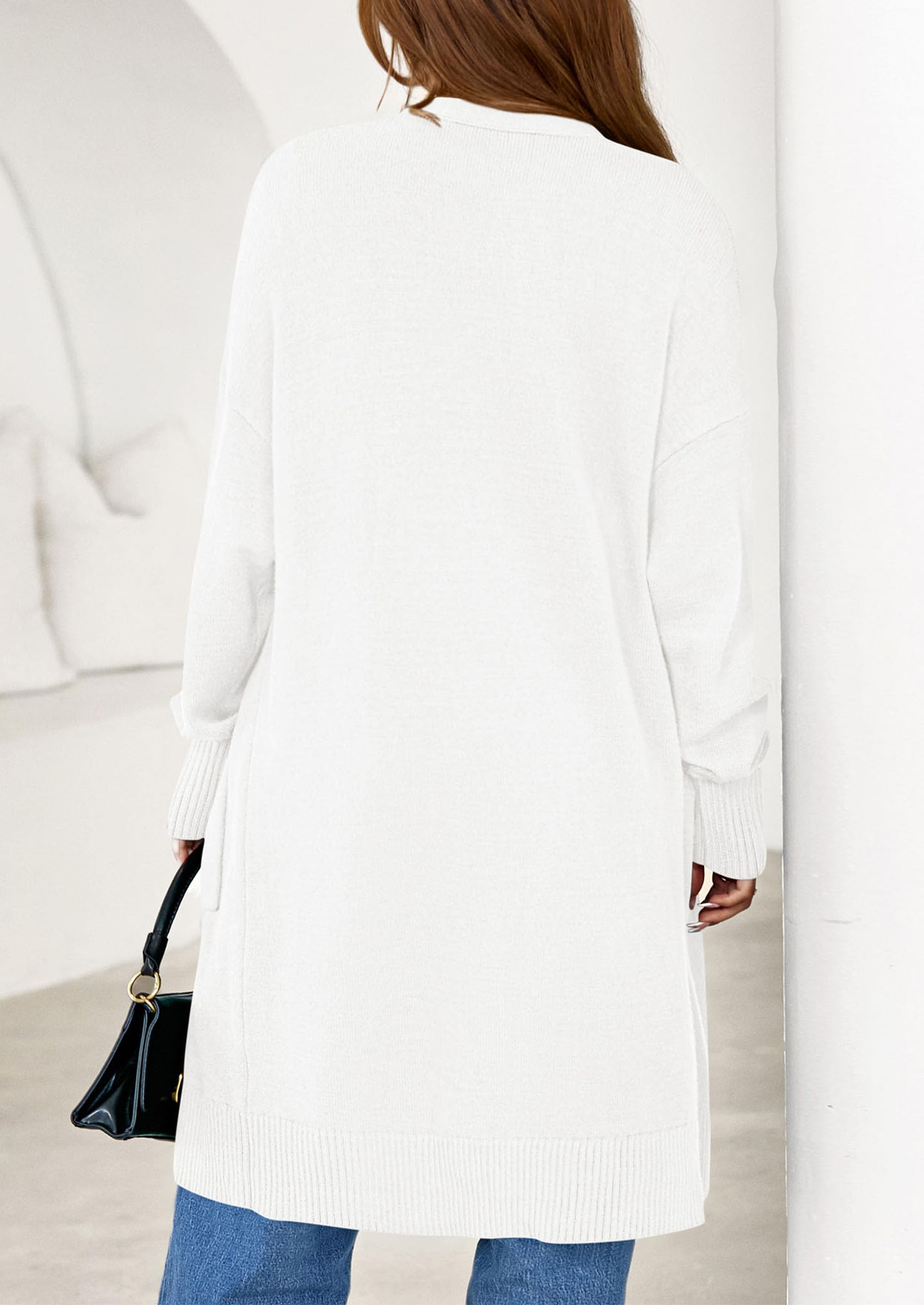 Women's Oversized Open Front Long Knit Cardigan,White,S