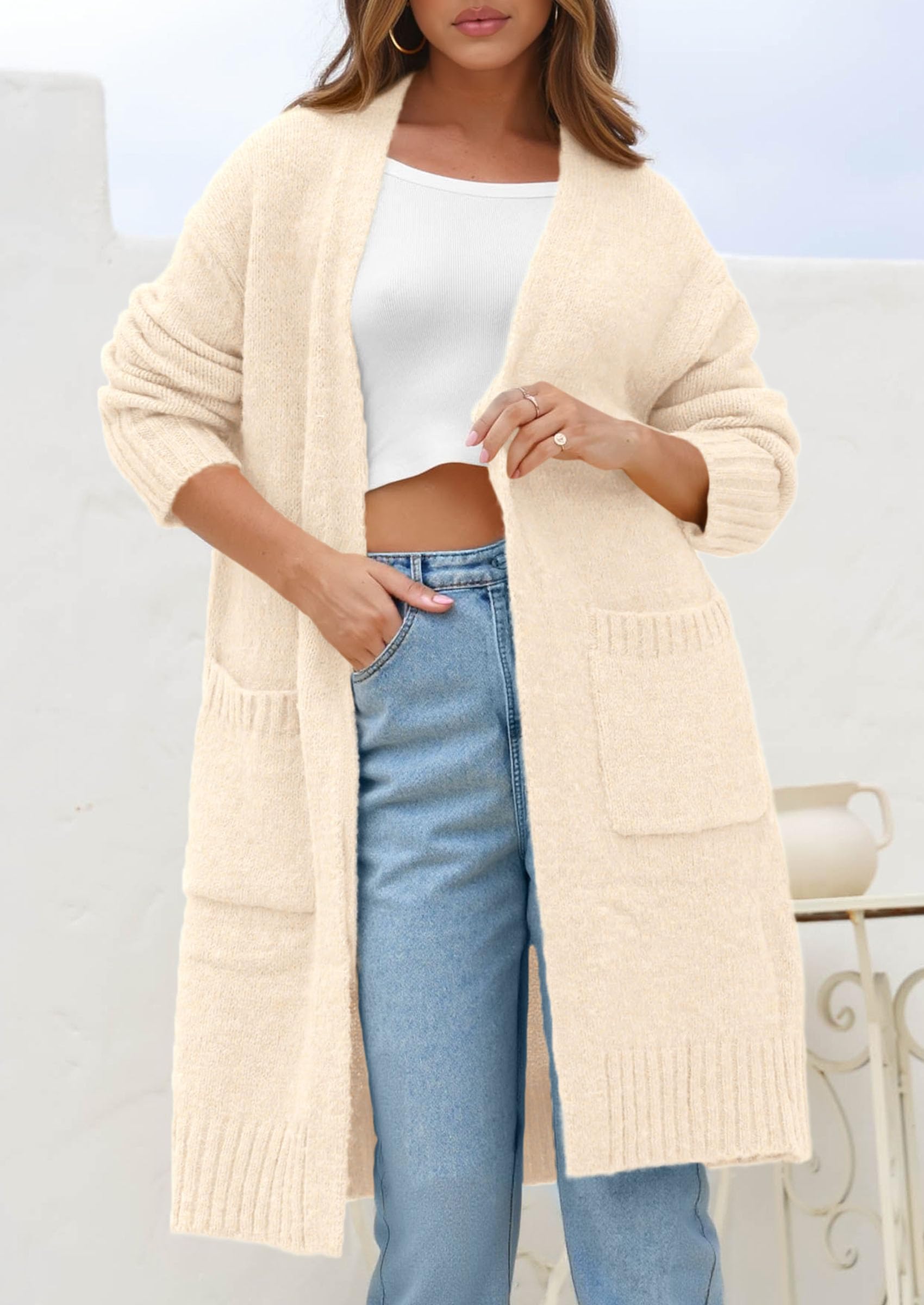Open Front Cardigan Sweaters for Women,Beige,S
