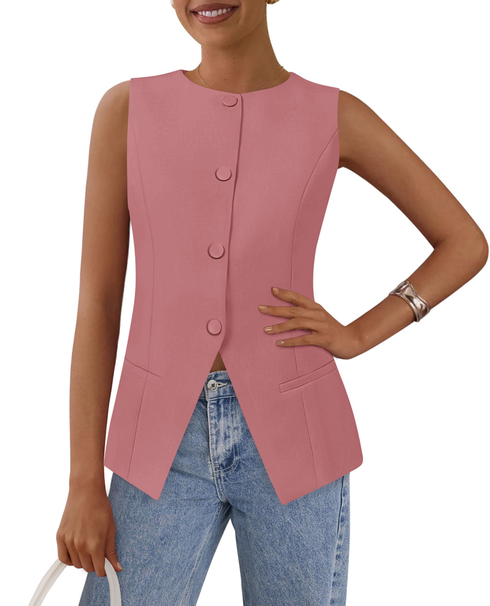 Women Tailored Suit Vest Business Casual Tops, Dark Pink,M
