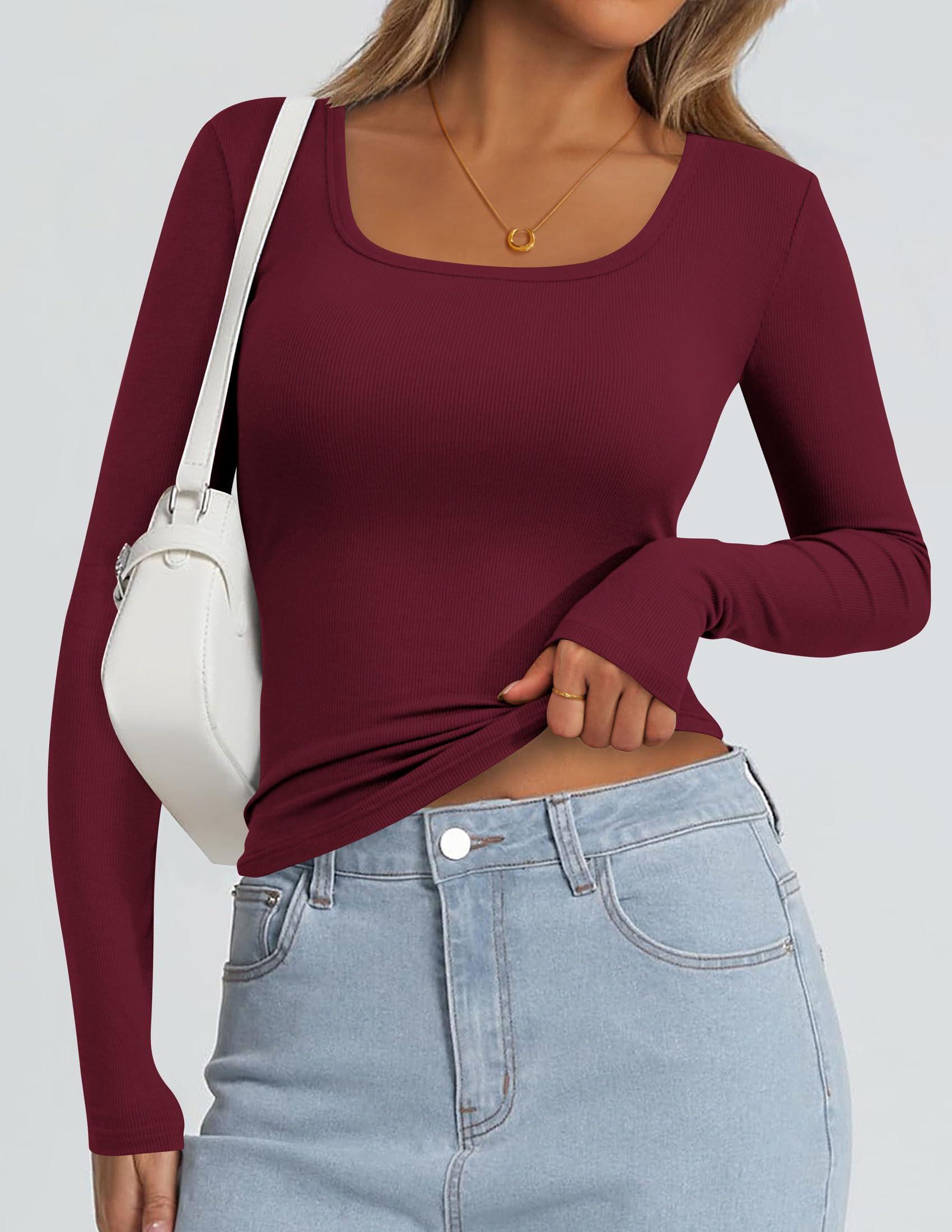 Square Neck Long Sleeve Shirts for Women Wine Red,L