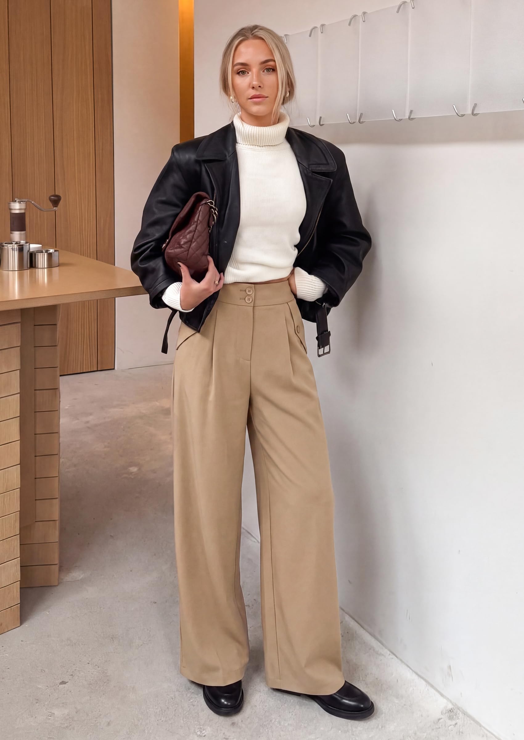 Women's Wide Leg Work Dress Pants Trousers, Khaki,S