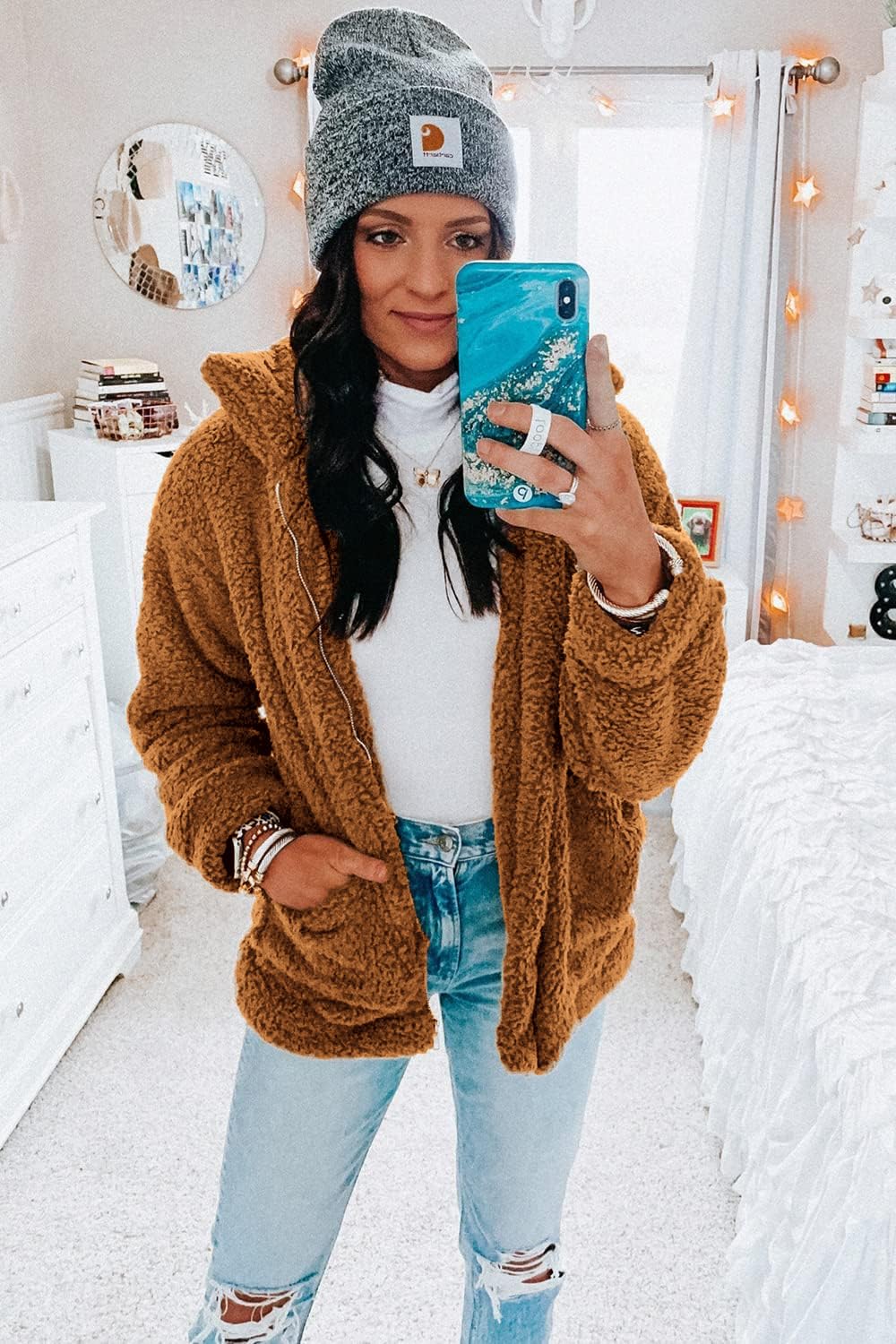 Women's Oversized Sherpa Fleece Coats, Golden,S