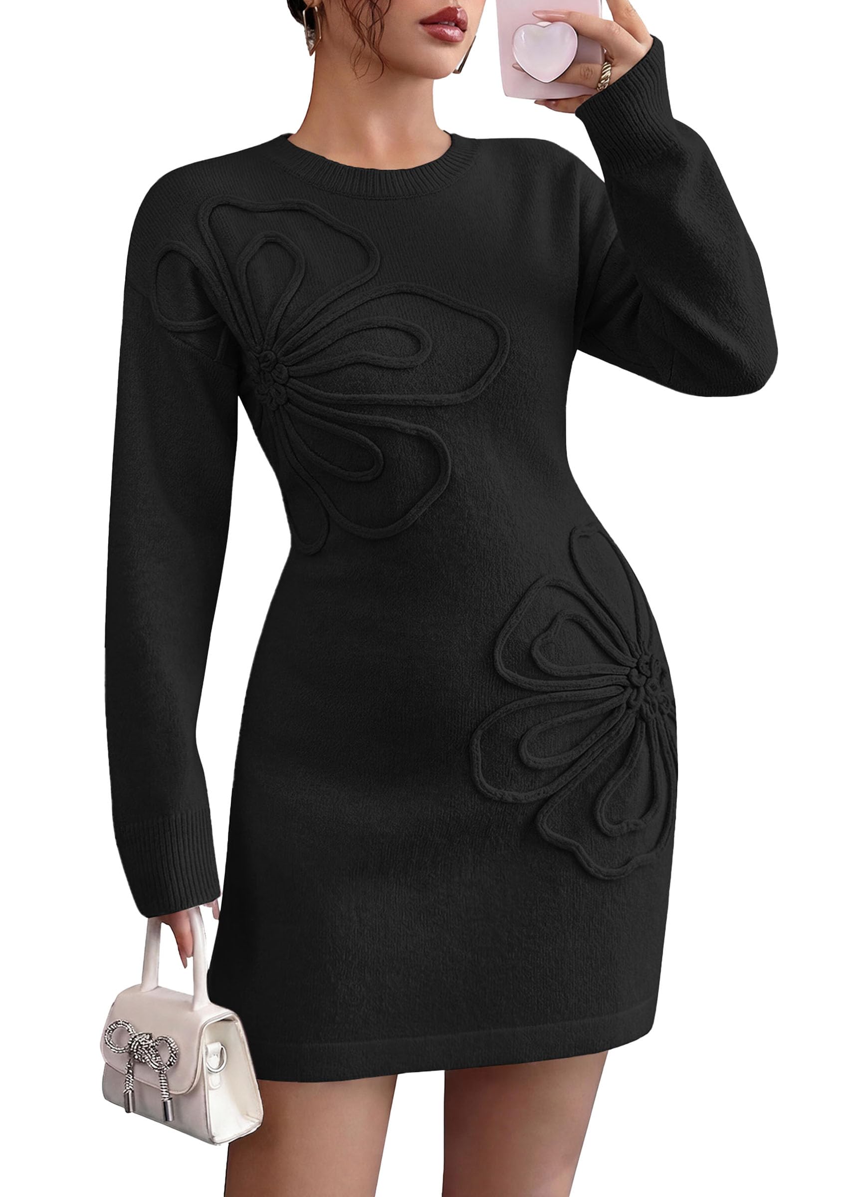 Women's Embroidered Long Sleeve Bodycon Mini Sweater Dress