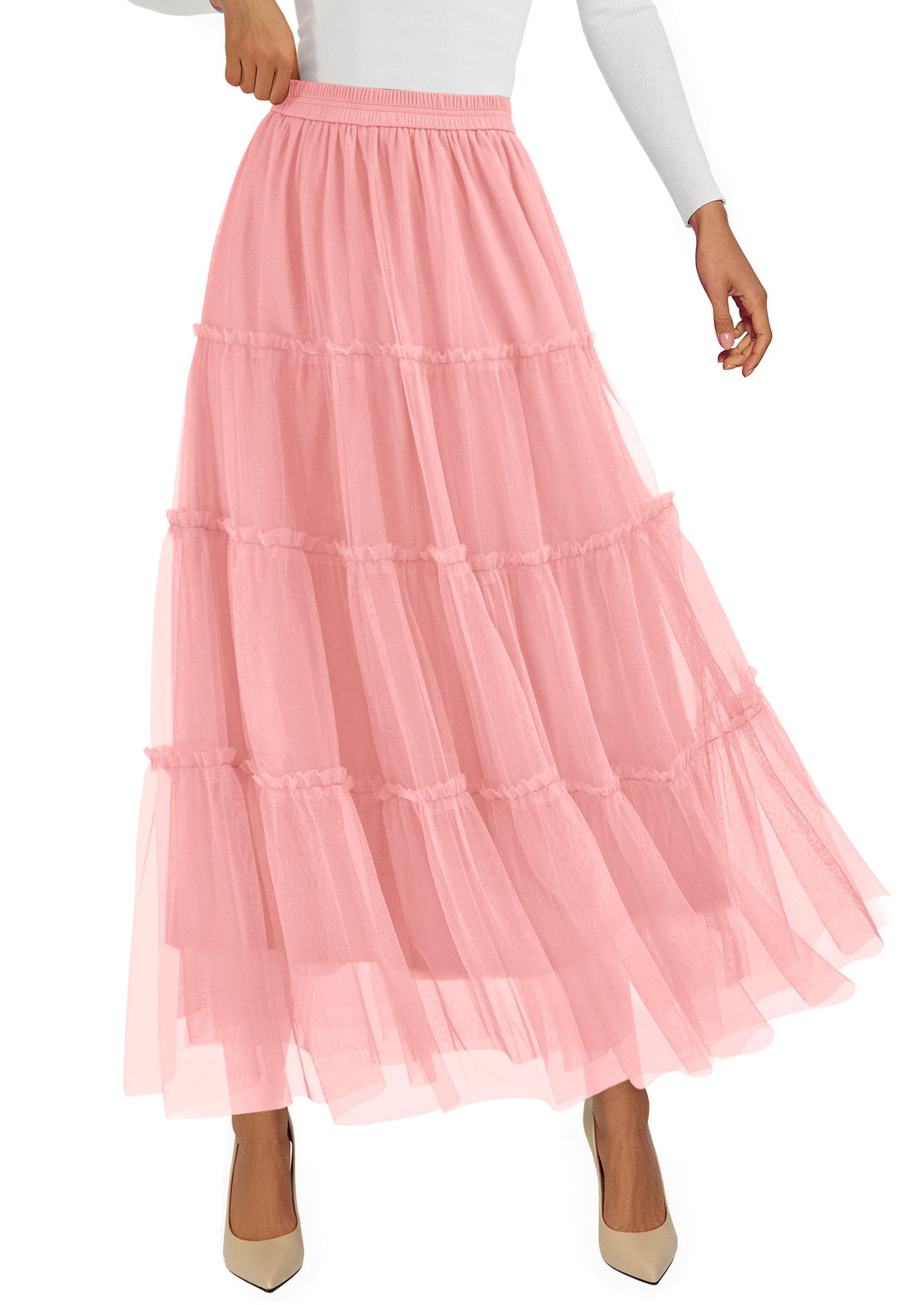 Women's Fall Soft Tulle Tiered Long Skirt,Light Pink,S