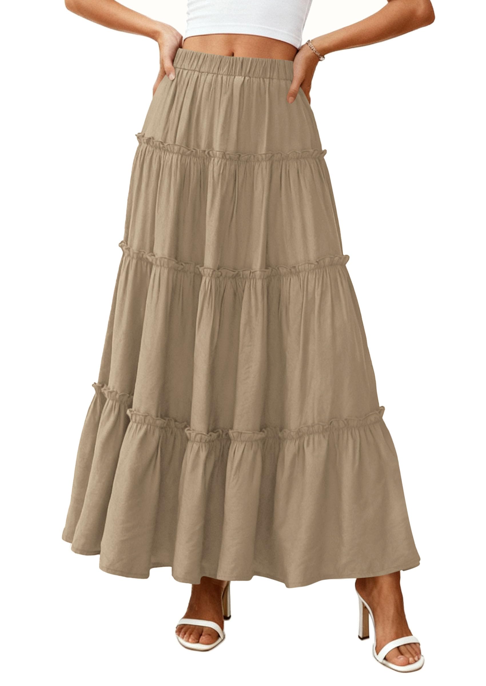 Women's Boho Tiered Ruffle Flowy Maxi Skirt, Khaki,XL