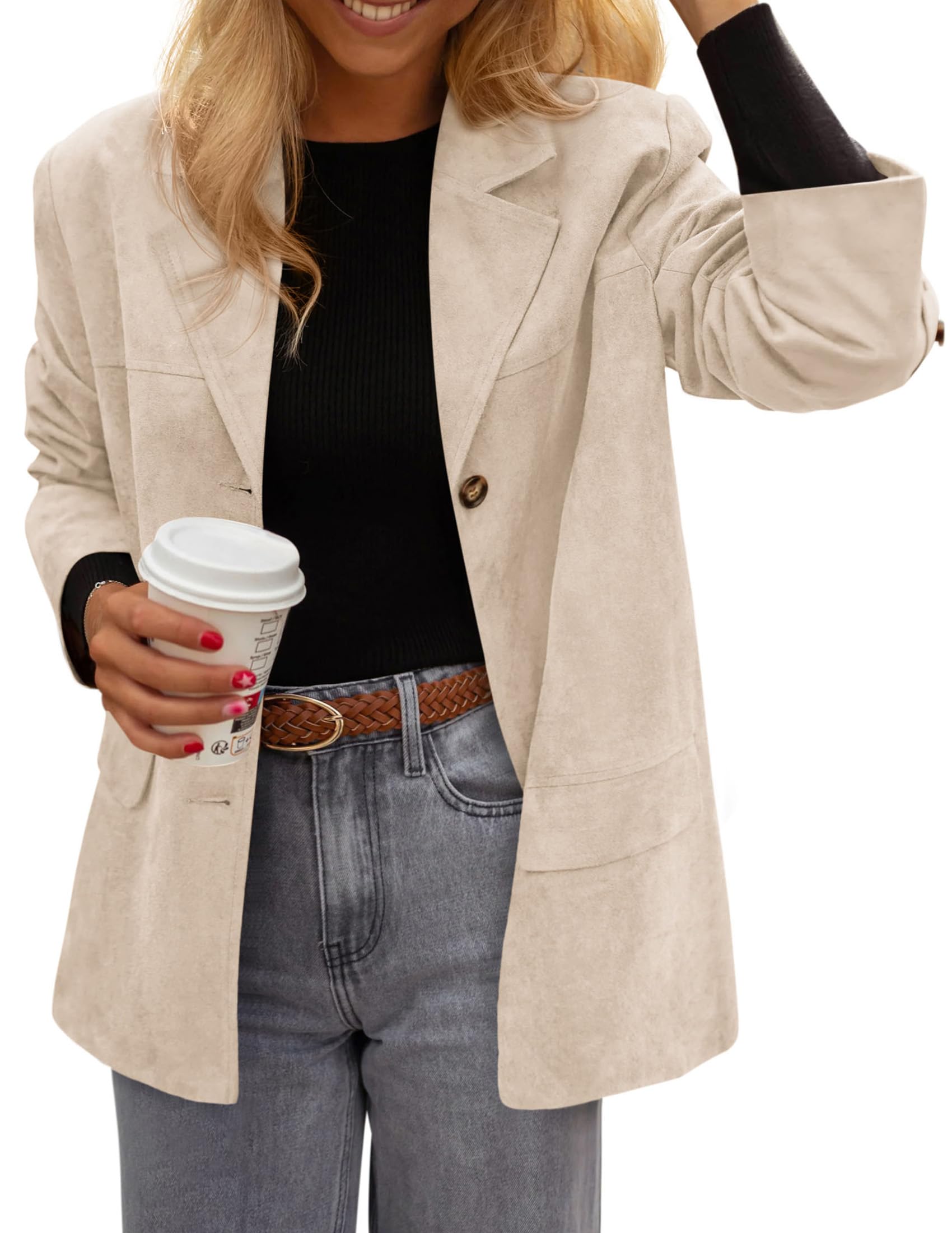 Blazers for Women Western Fall Faux Suede Jacket Beige