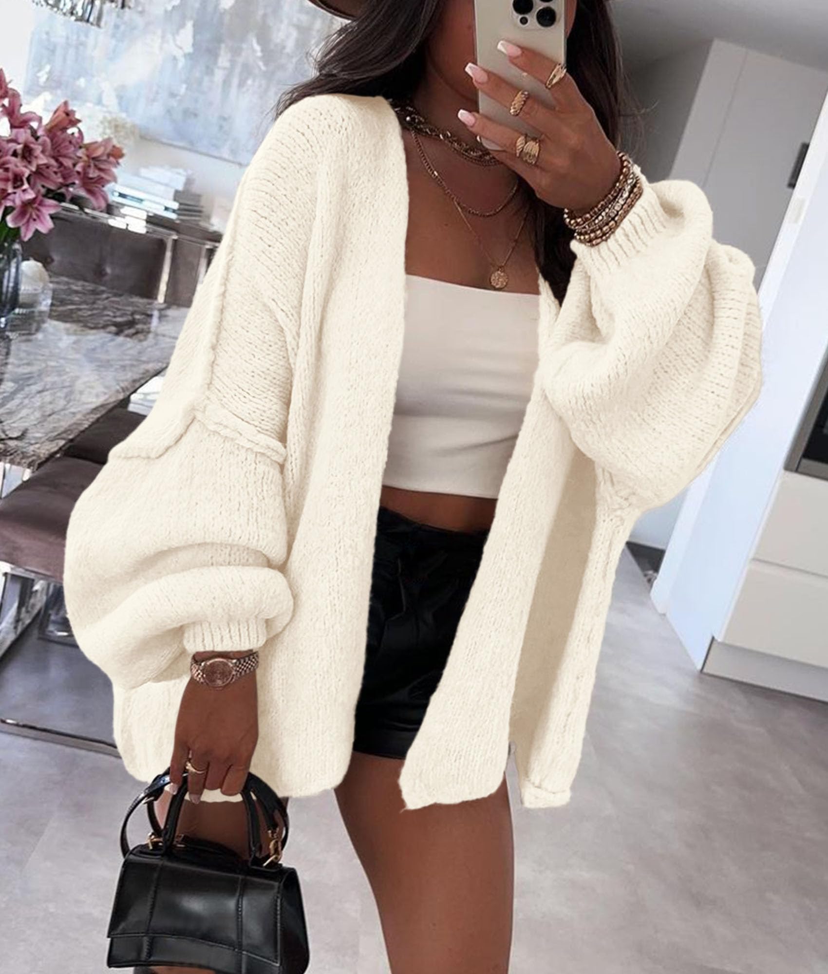 Womens Open Front Oversized Cardigan Sweaters,White,XS