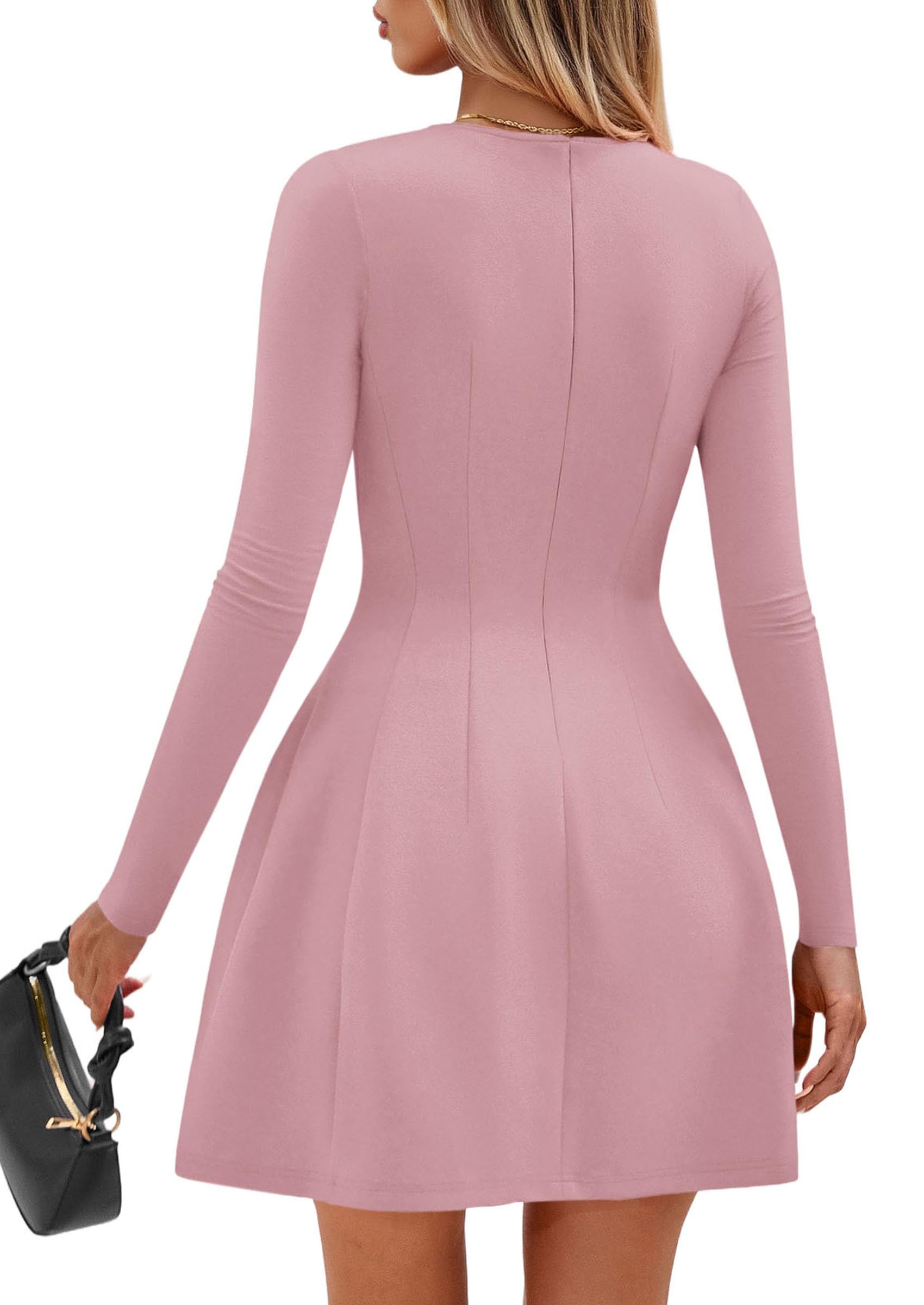 Womens Long Sleeve Pleated Mini Dress,Pink,XS