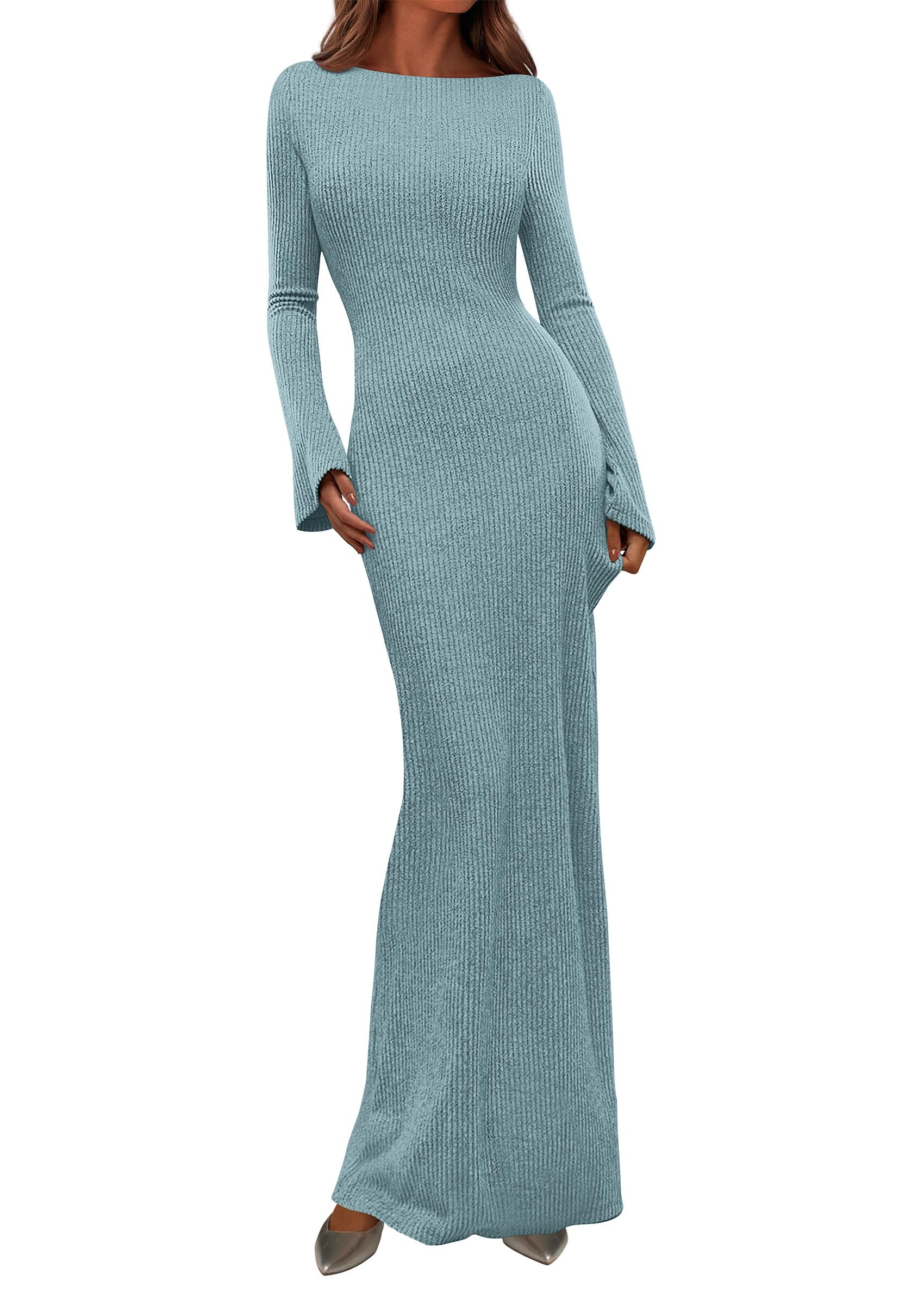 Women's Fall Long Sleeve Bodycon Maxi Dresses (Light Blue,XS)