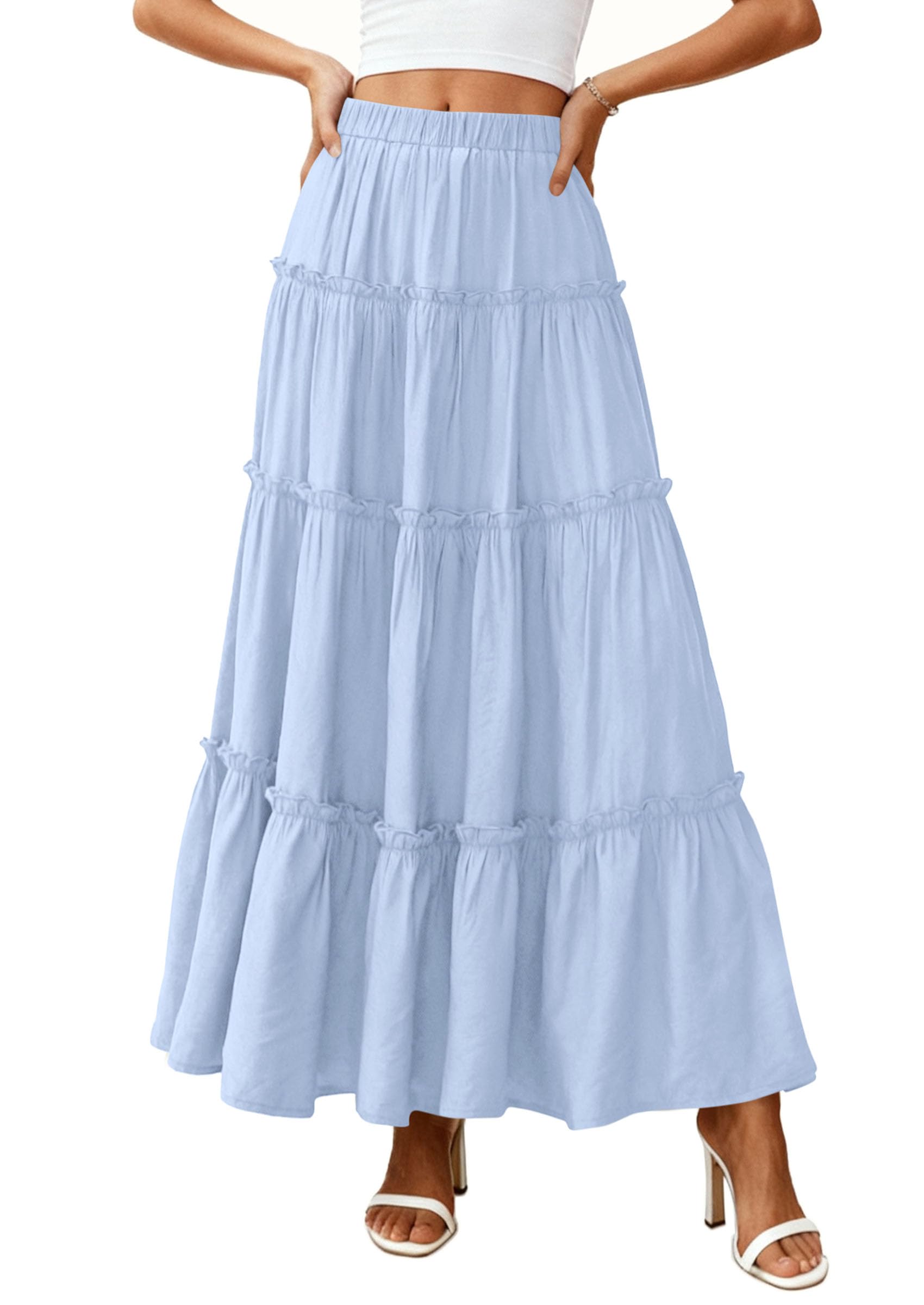Women's Boho Tiered Ruffle Flowy Maxi Skirt, Sky Blue,S