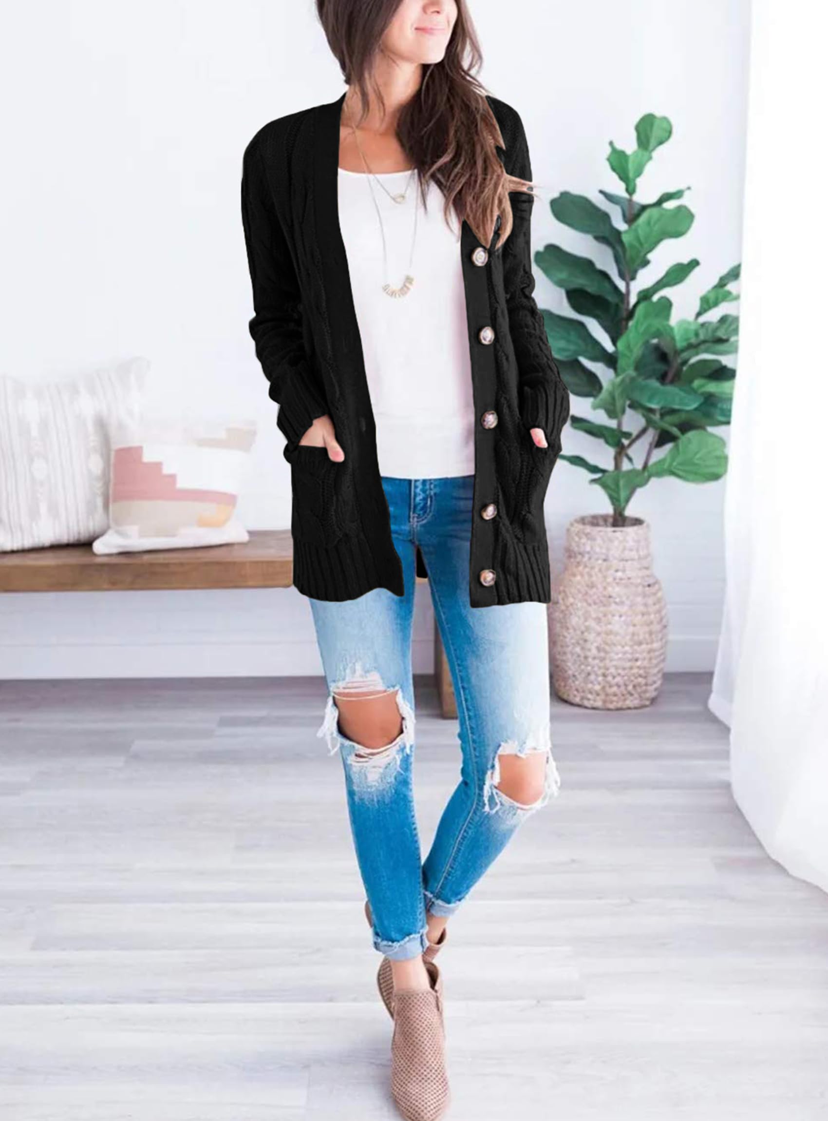 Women Chunky Cable Knit Cardigan Sweaters Fall Fashion Clothes