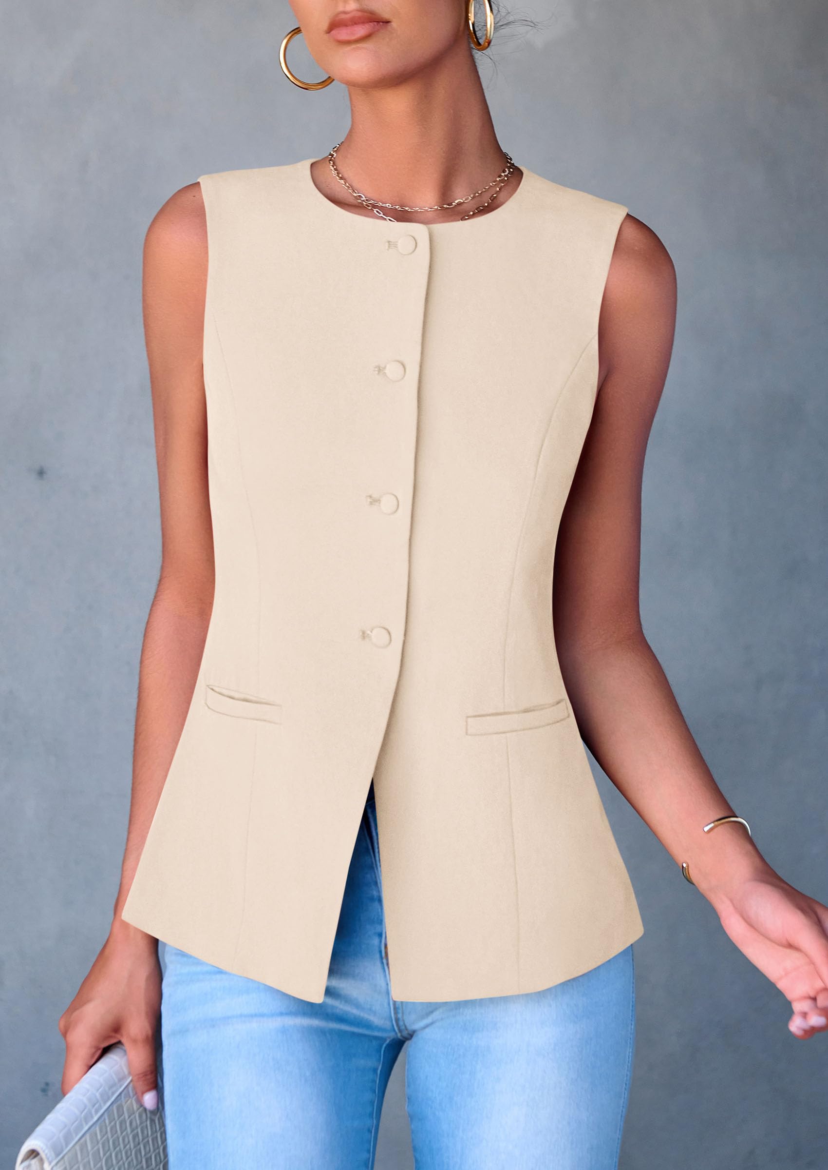 Women Tailored Suit Vest Business Casual Tops, Apricot,M