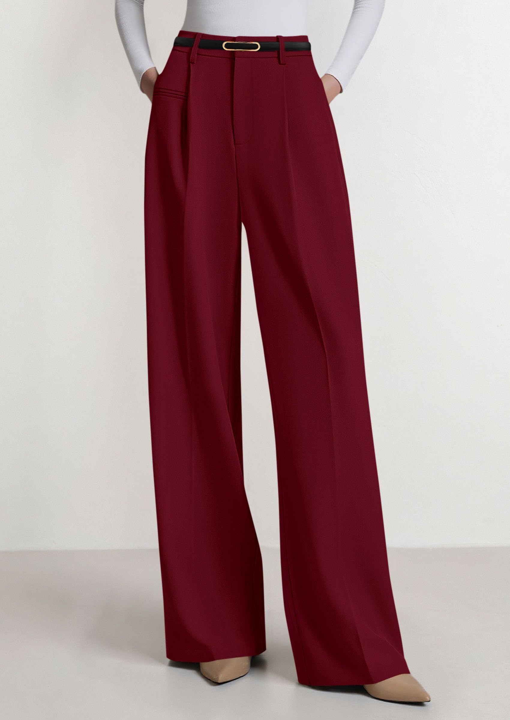 Women's Tailored Wide Leg Work Dress Pants,Burgundy,XS