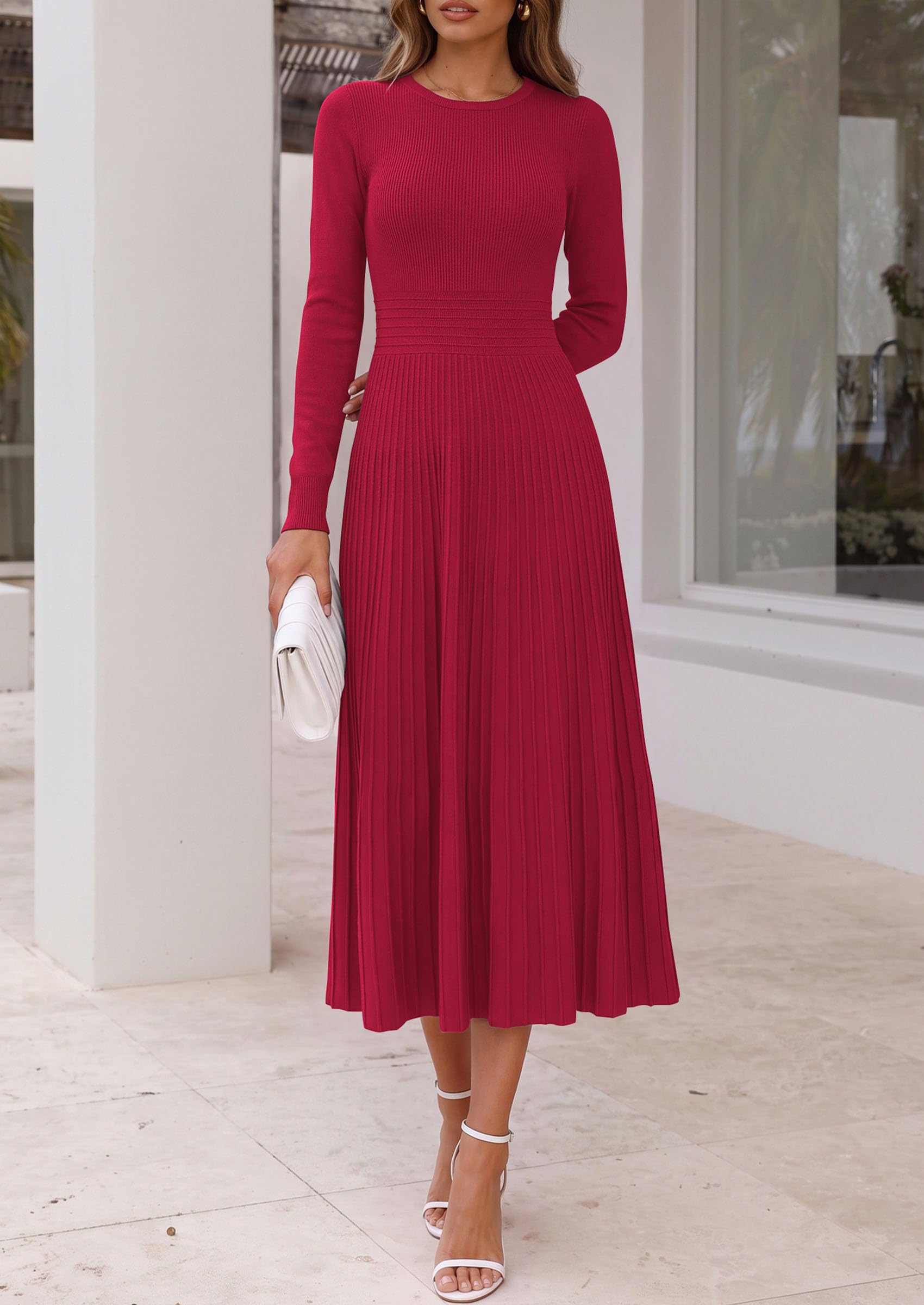 Women's Long Sleeve Knit Maxi Sweater Dress,Red,S