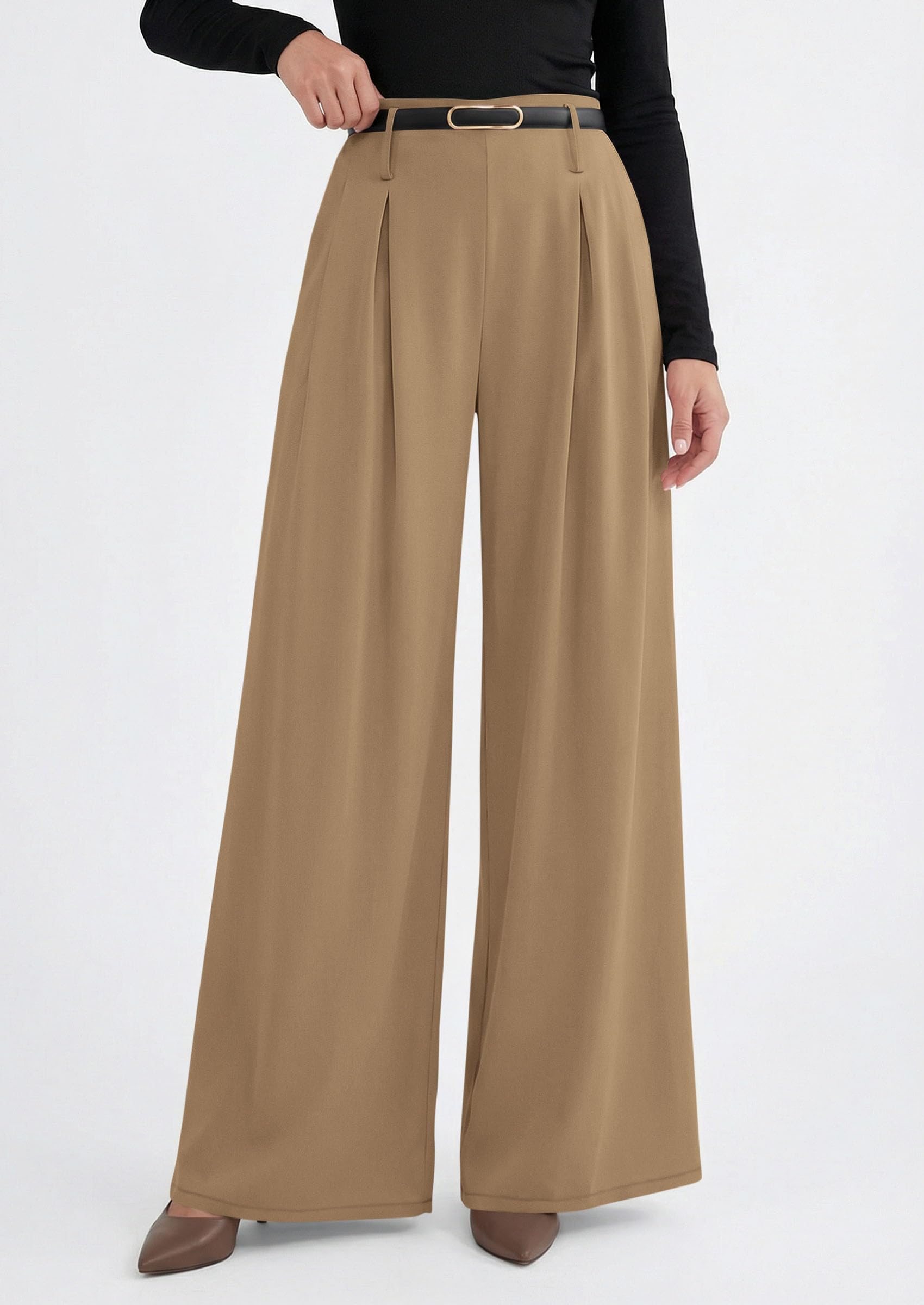 Womens Wide Leg Dress Pants Flowy Trousers,Khaki,S