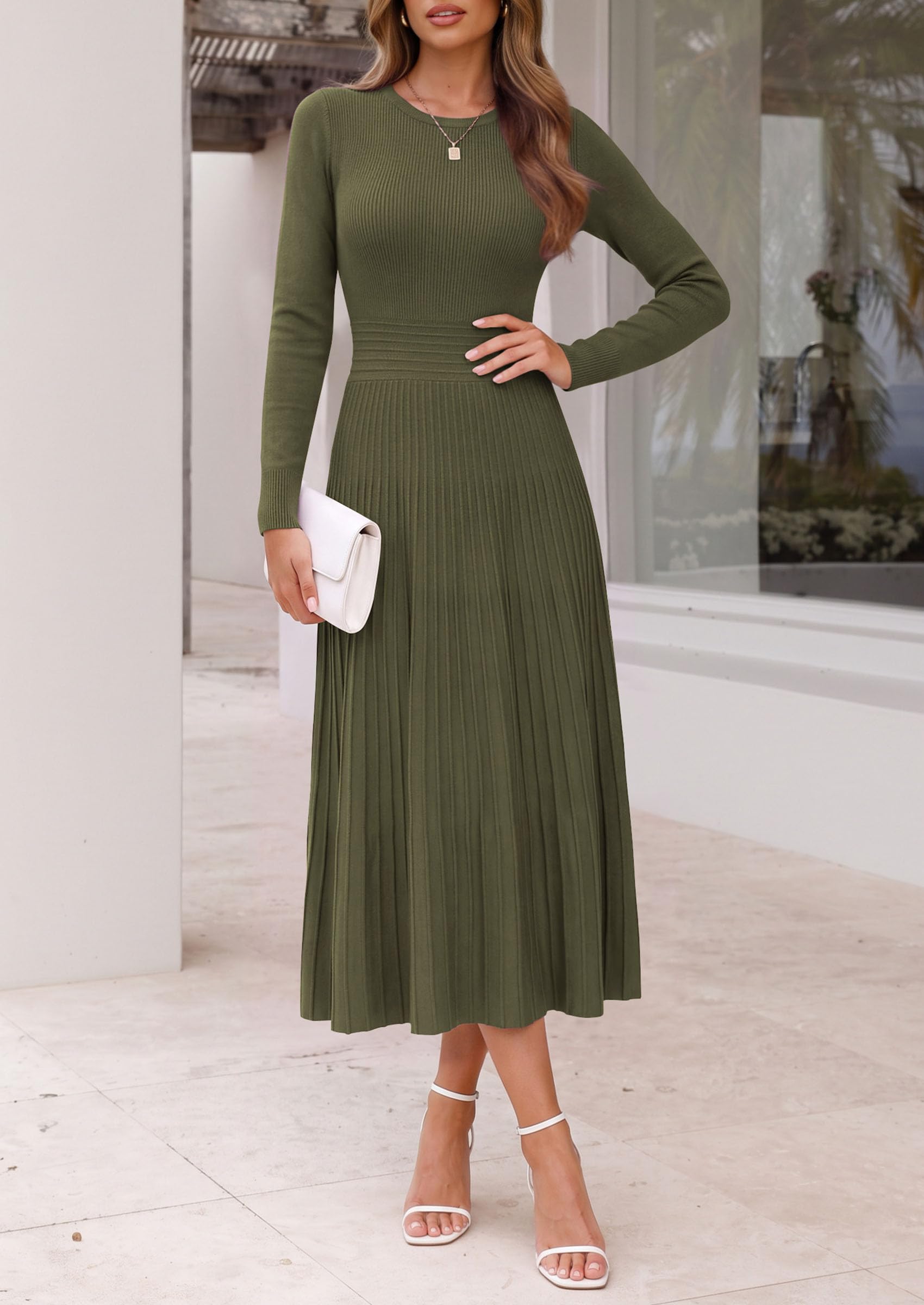 Women's Long Sleeve Knit Maxi Sweater Dress,Grey Green,S