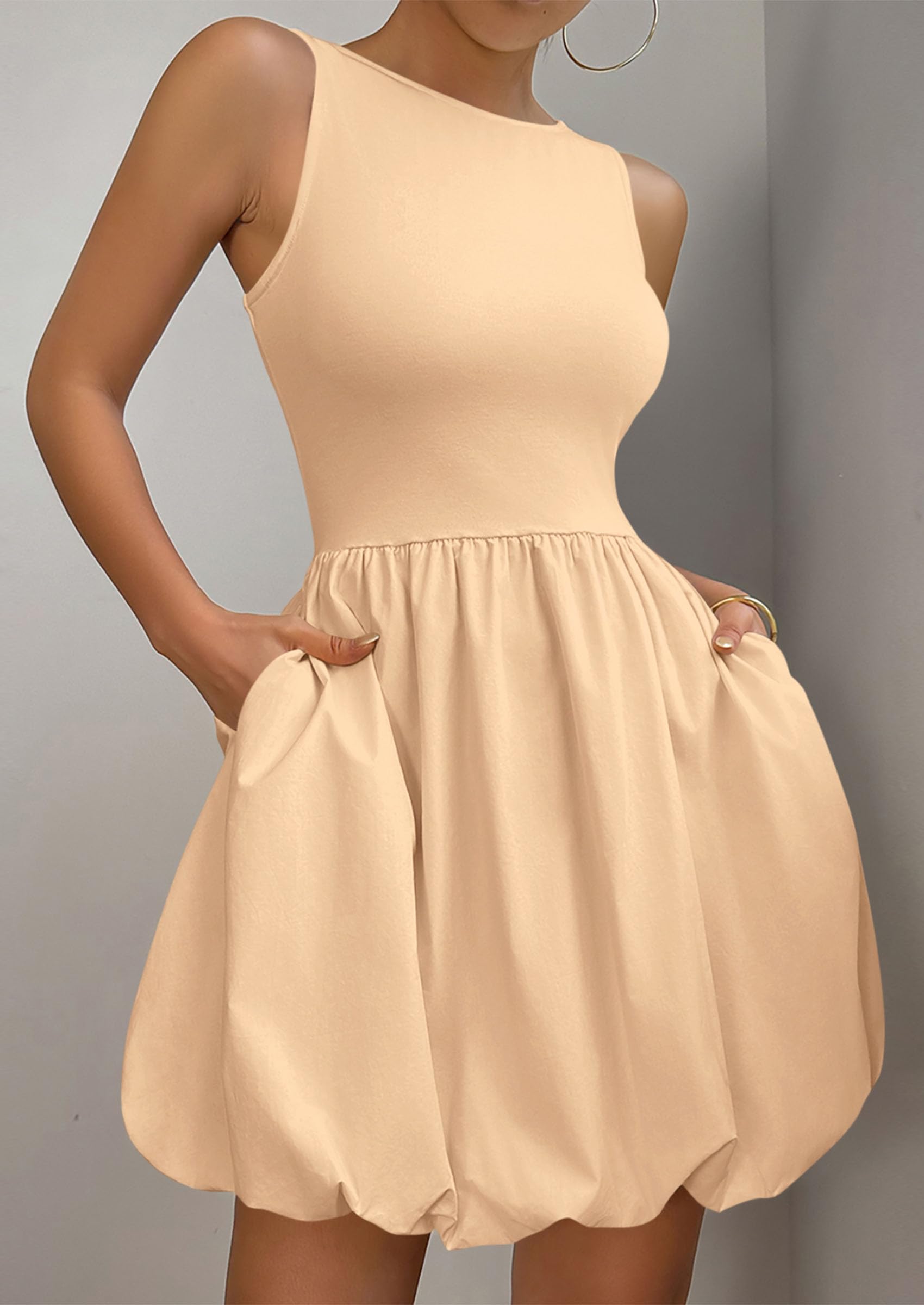 Womens Summer Bubble Sleeveless Mini Dress,Khaki,S