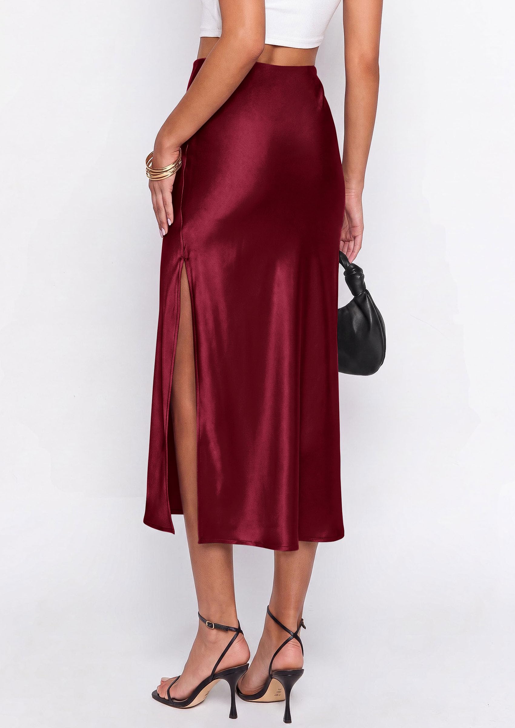 Womens Satin Skirt Silk Slip Midi Work Skirts, Burgundy, S